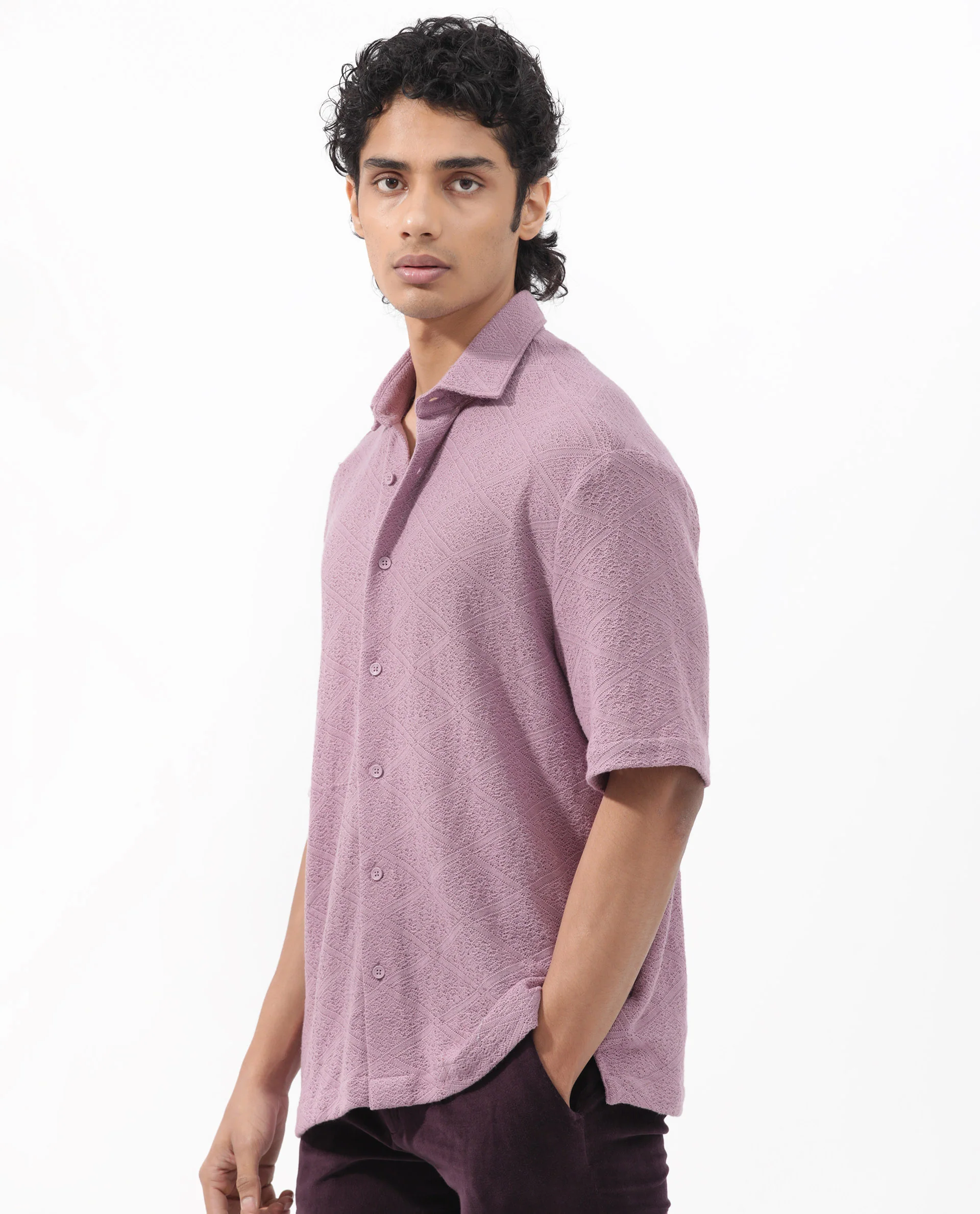 Rare Rabbit Men's Domat Dusky Purple Cotton Jacquard Boxy Fit Half Sleeve Collared Shirt - Image 8