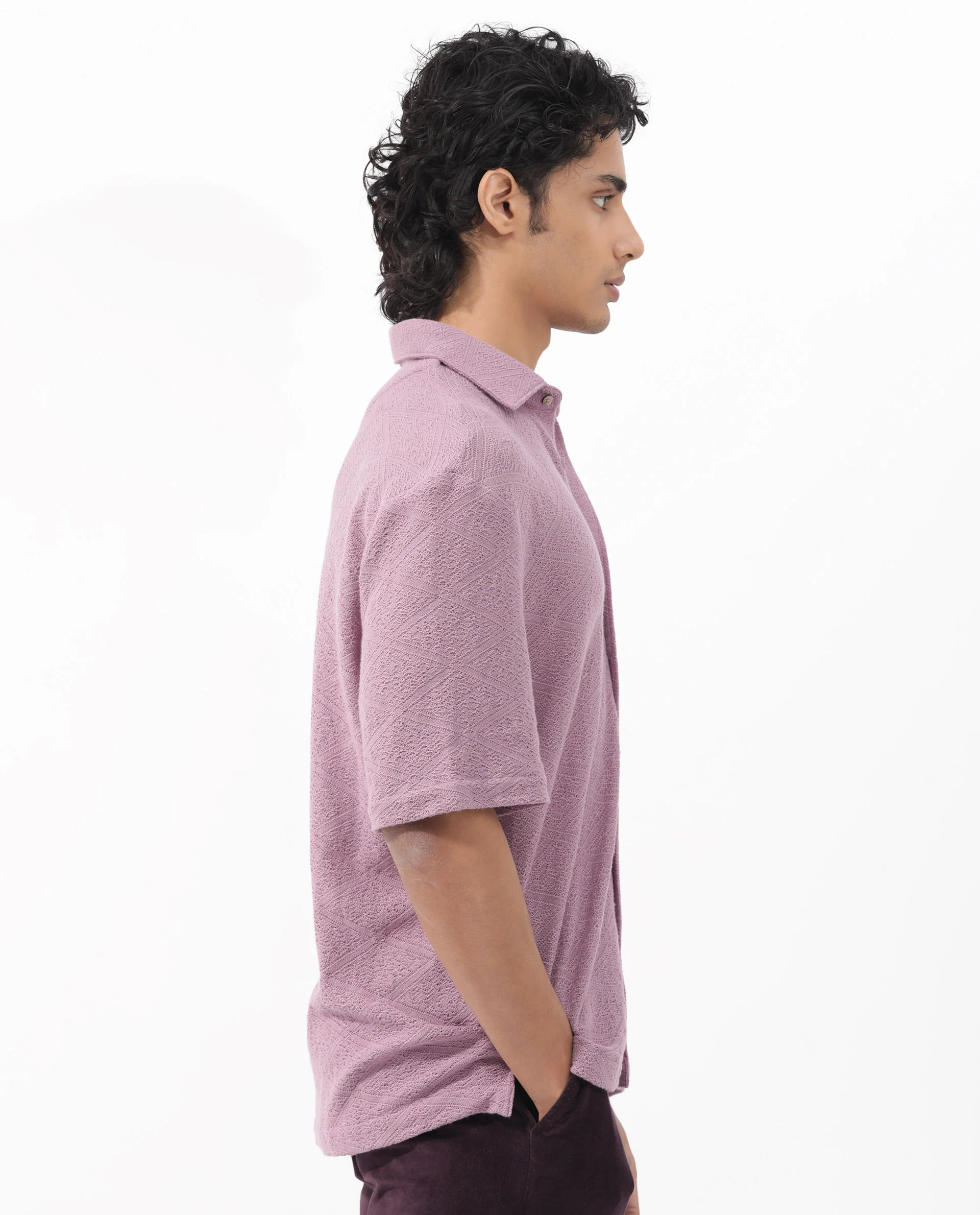 Rare Rabbit Men's Domat Dusky Purple Cotton Jacquard Boxy Fit Half Sleeve Collared Shirt - Image 9
