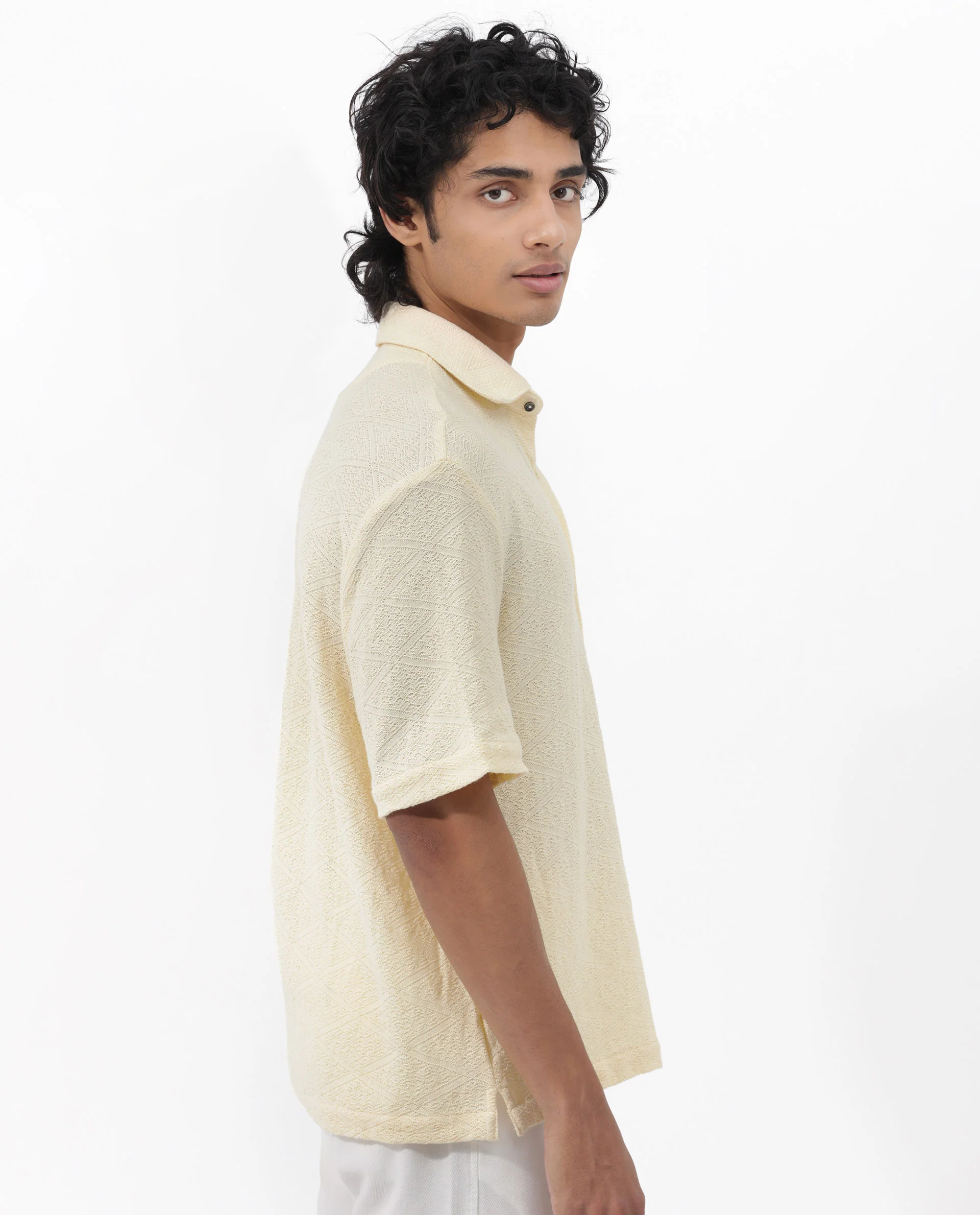 Rare Rabbit Men's Domat Light Yellow Cotton Jacquard Boxy Fit Half Sleeve Collared Shirt - Image 10