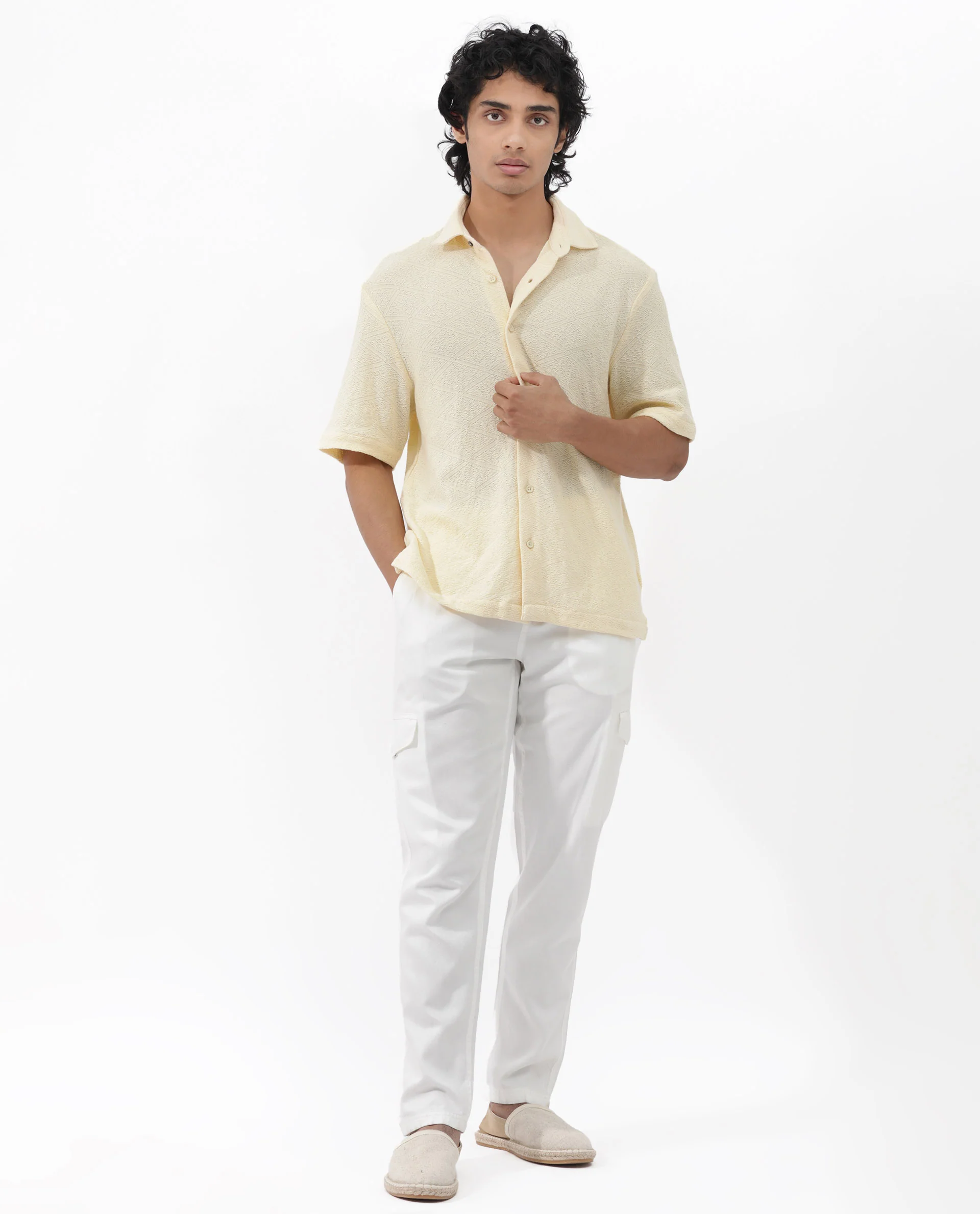 Rare Rabbit Men's Domat Light Yellow Cotton Jacquard Boxy Fit Half Sleeve Collared Shirt - Image 2