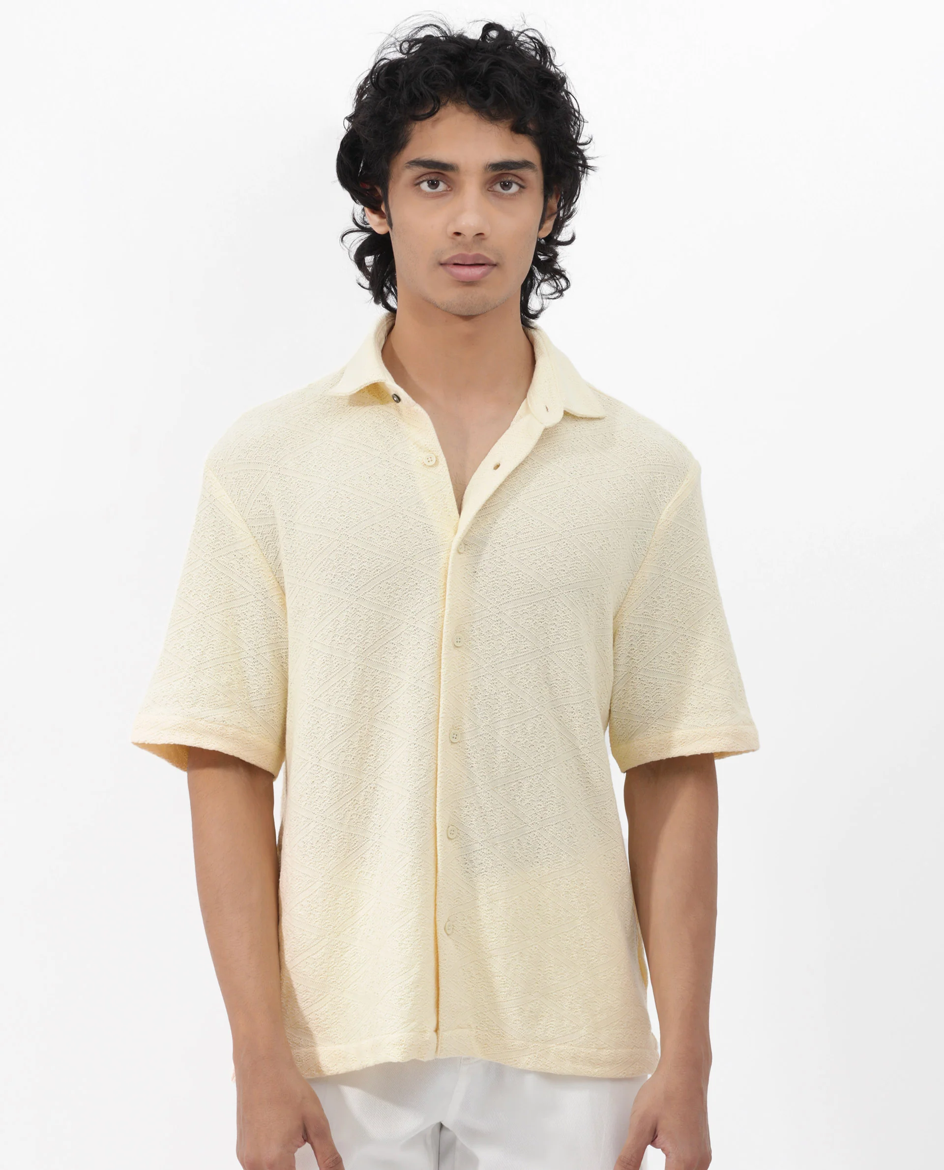 Rare Rabbit Men's Domat Light Yellow Cotton Jacquard Boxy Fit Half Sleeve Collared Shirt - Image 3
