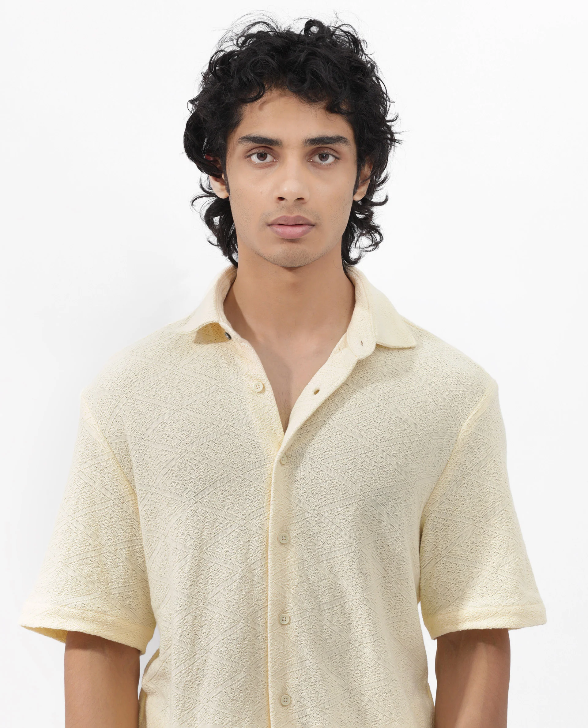Rare Rabbit Men's Domat Light Yellow Cotton Jacquard Boxy Fit Half Sleeve Collared Shirt - Image 4