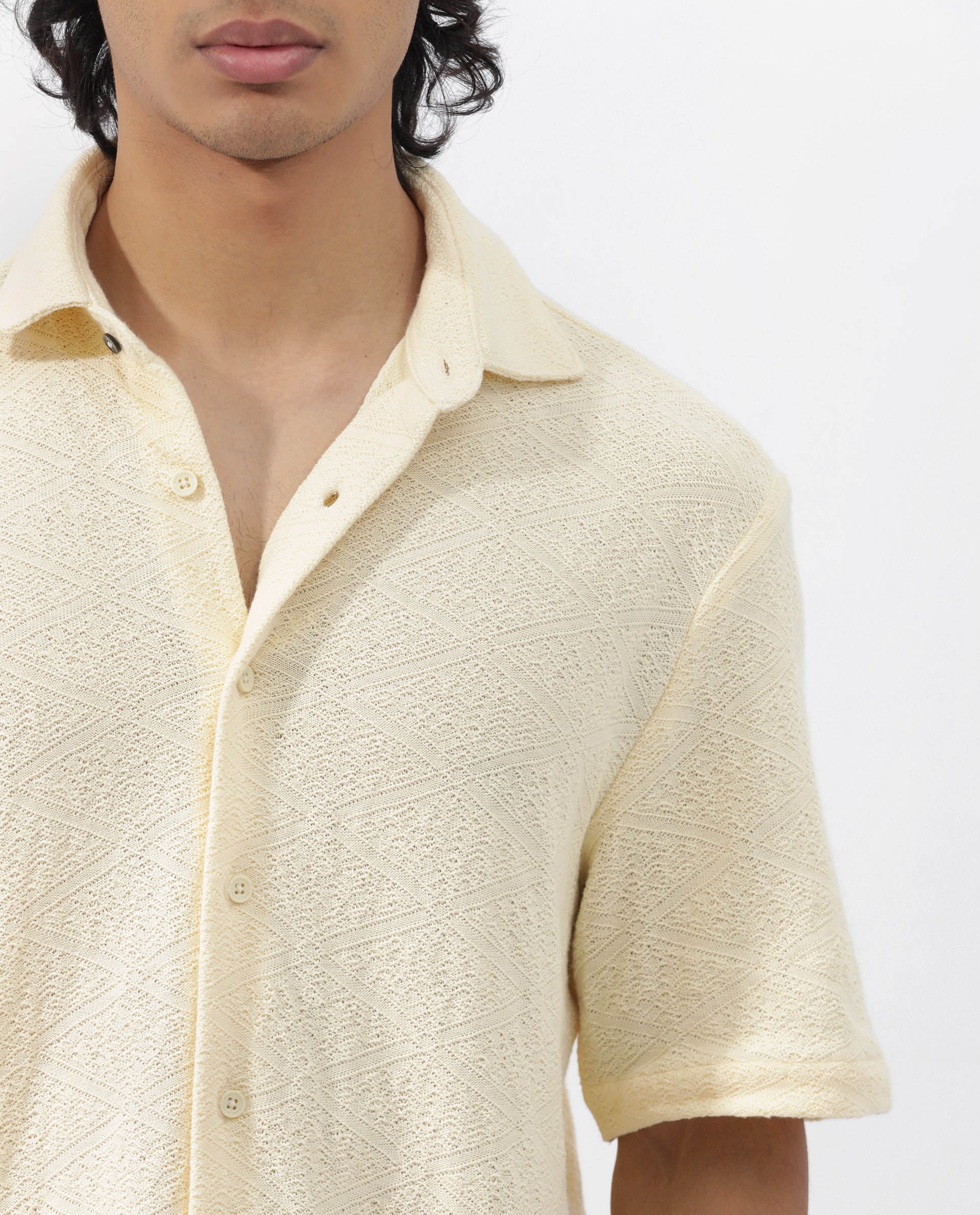 Rare Rabbit Men's Domat Light Yellow Cotton Jacquard Boxy Fit Half Sleeve Collared Shirt - Image 5