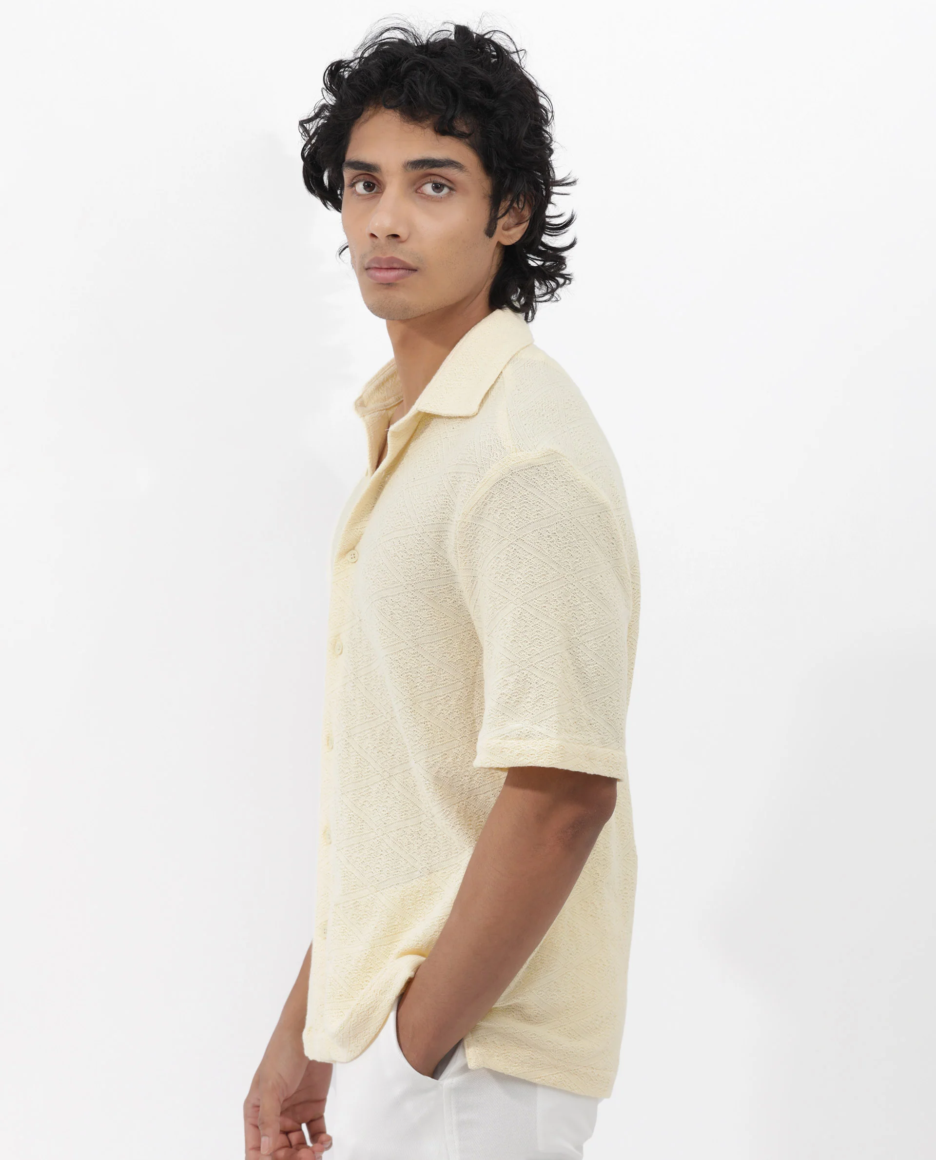 Rare Rabbit Men's Domat Light Yellow Cotton Jacquard Boxy Fit Half Sleeve Collared Shirt - Image 6