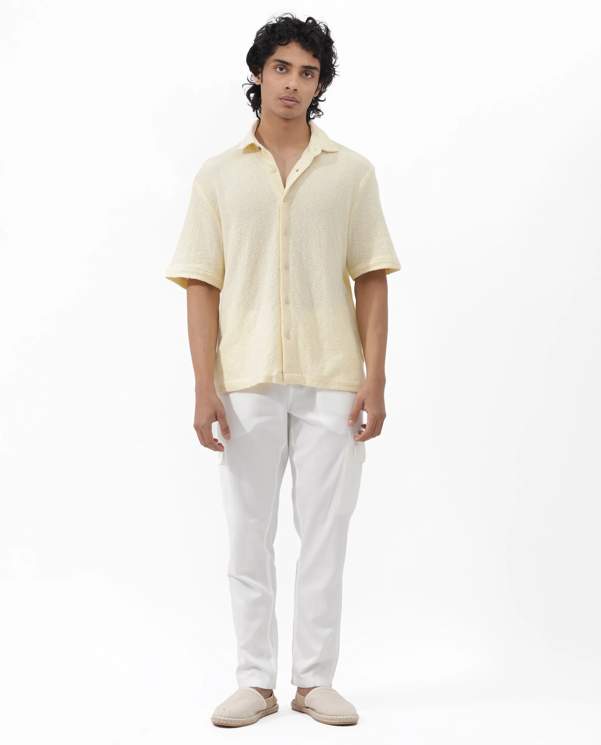 Rare Rabbit Men's Domat Light Yellow Cotton Jacquard Boxy Fit Half Sleeve Collared Shirt - Image 9