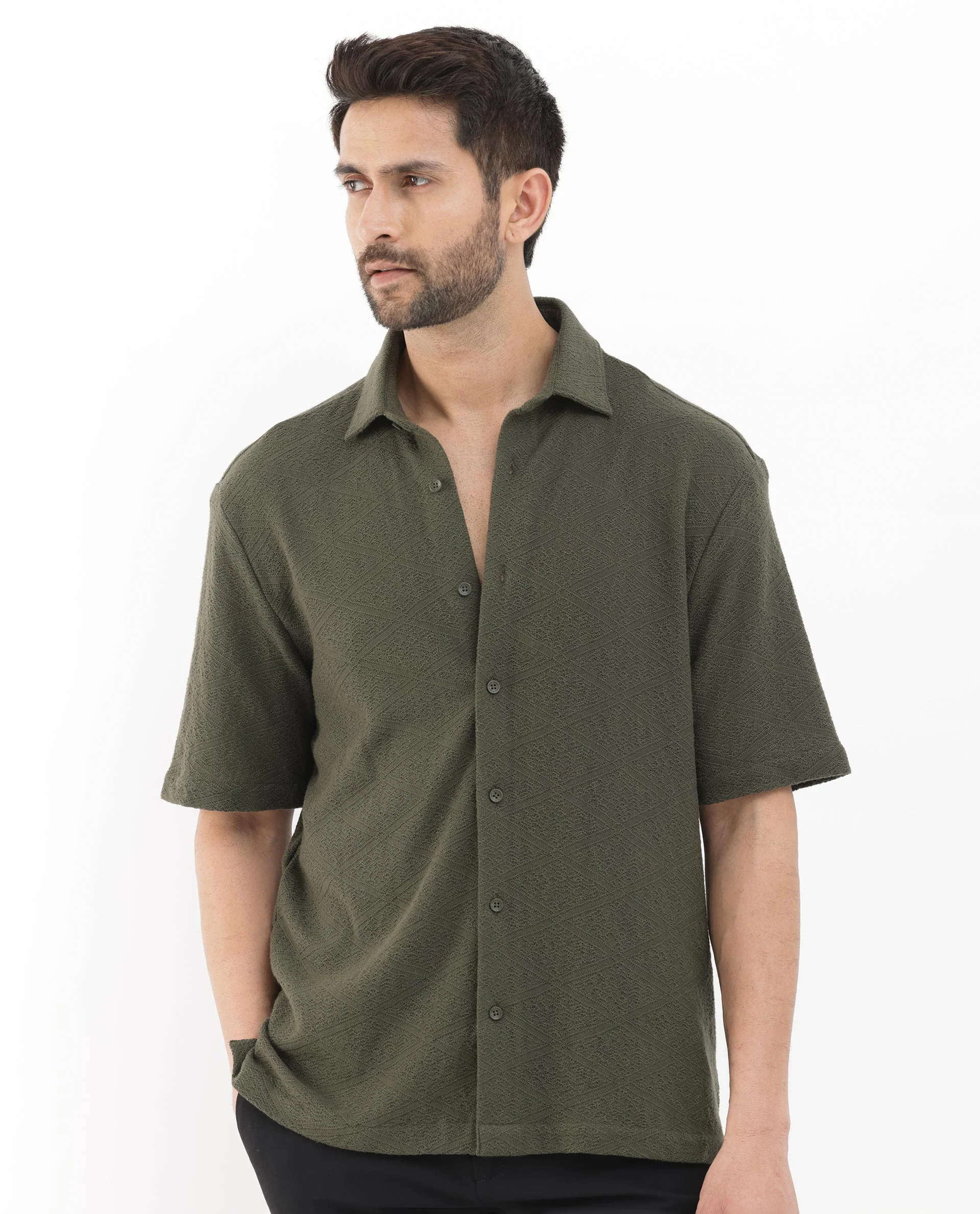 Rare Rabbit Men's Domat Olive Cotton Jacquard Boxy Fit Half Sleeve Collared Shirt