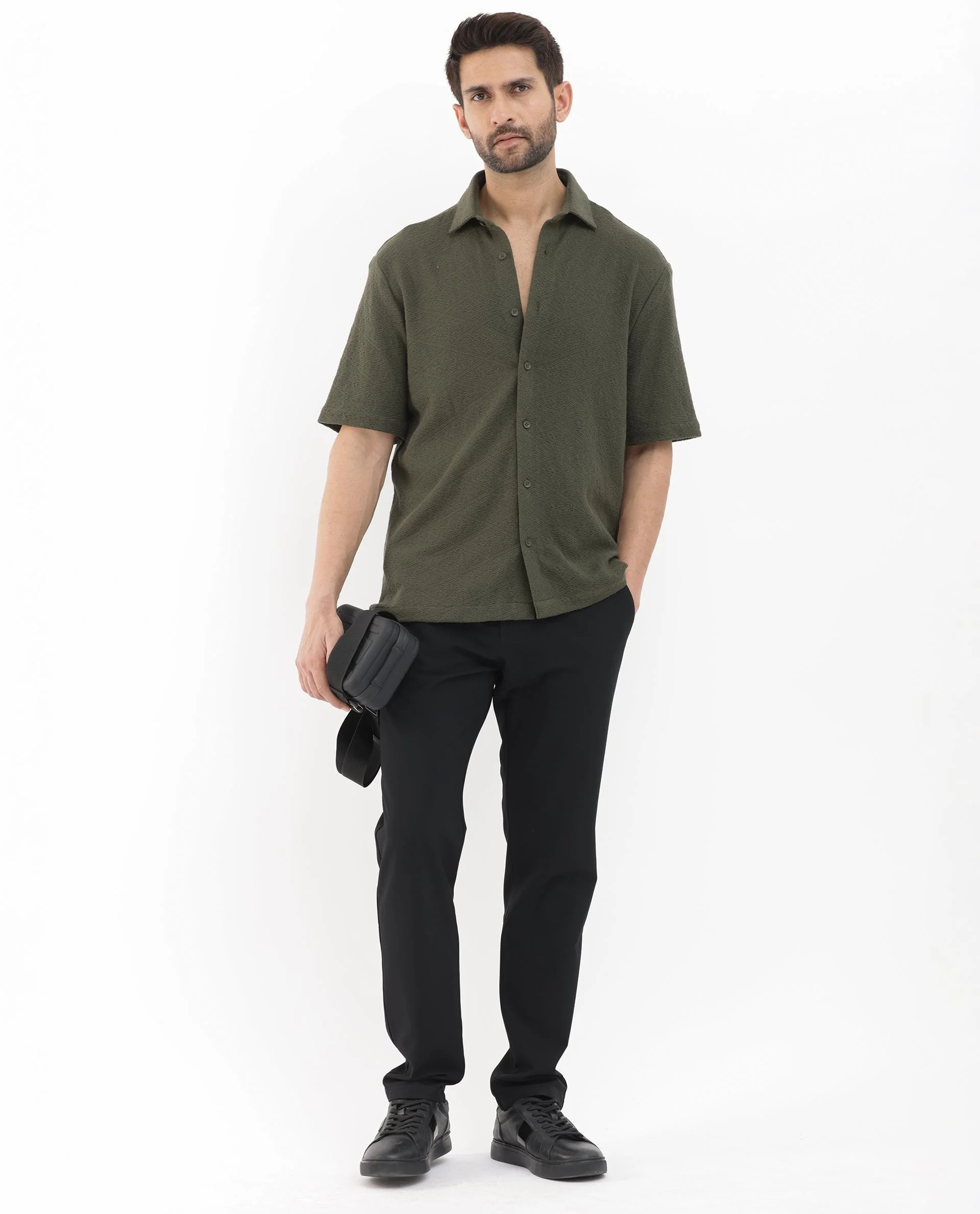 Rare Rabbit Men's Domat Olive Cotton Jacquard Boxy Fit Half Sleeve Collared Shirt - Image 2