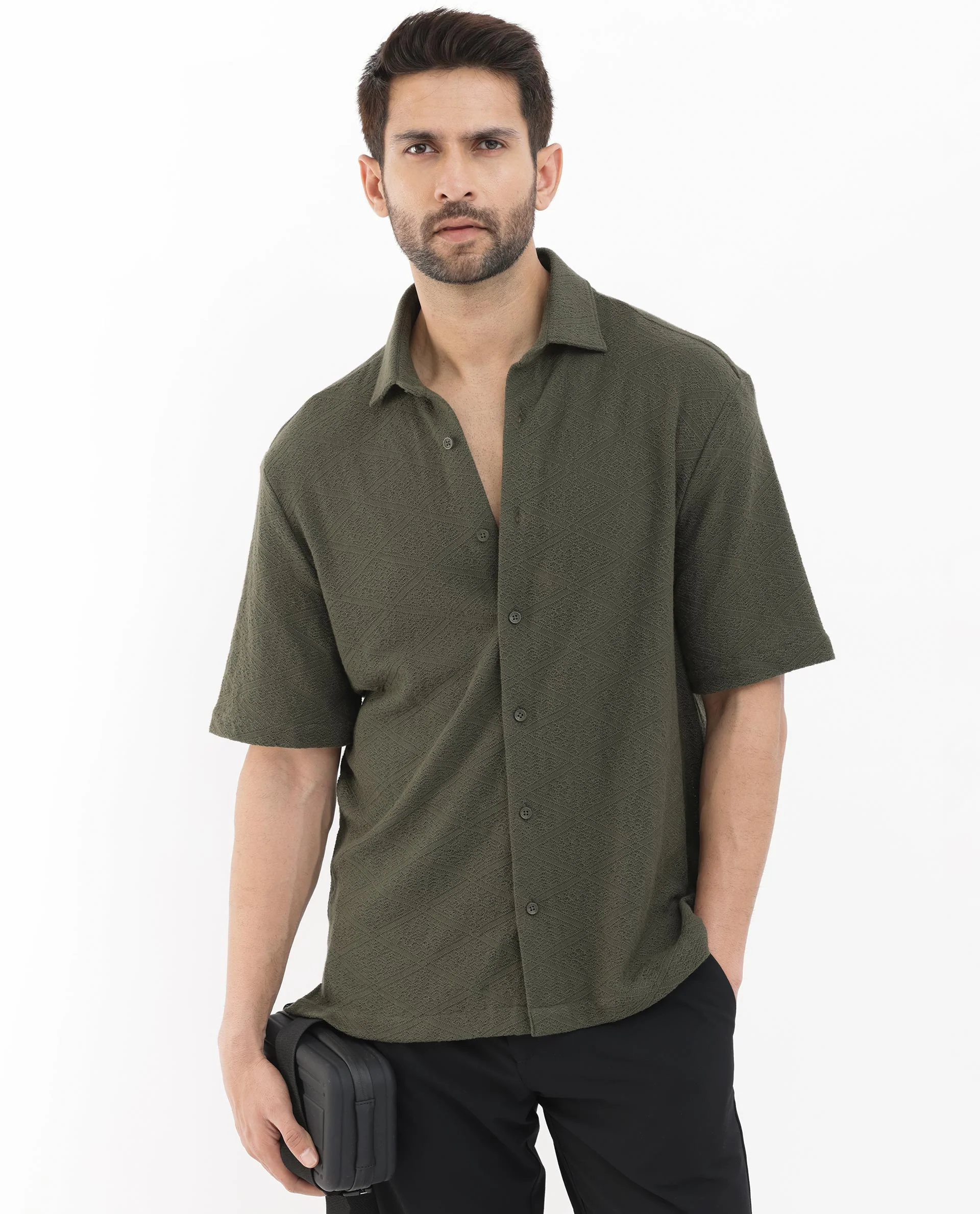 Rare Rabbit Men's Domat Olive Cotton Jacquard Boxy Fit Half Sleeve Collared Shirt - Image 3