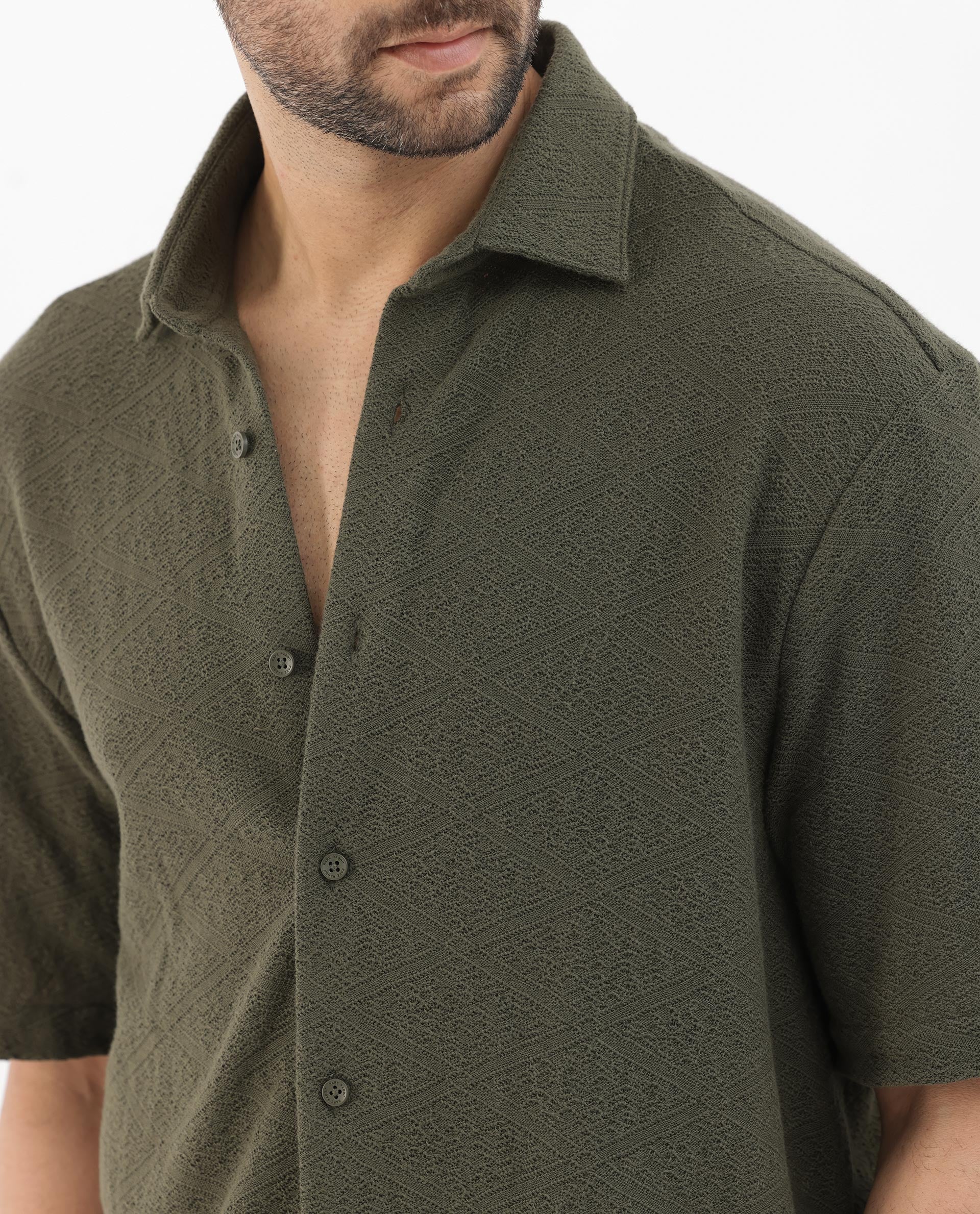 Rare Rabbit Men's Domat Olive Cotton Jacquard Boxy Fit Half Sleeve Collared Shirt - Image 5