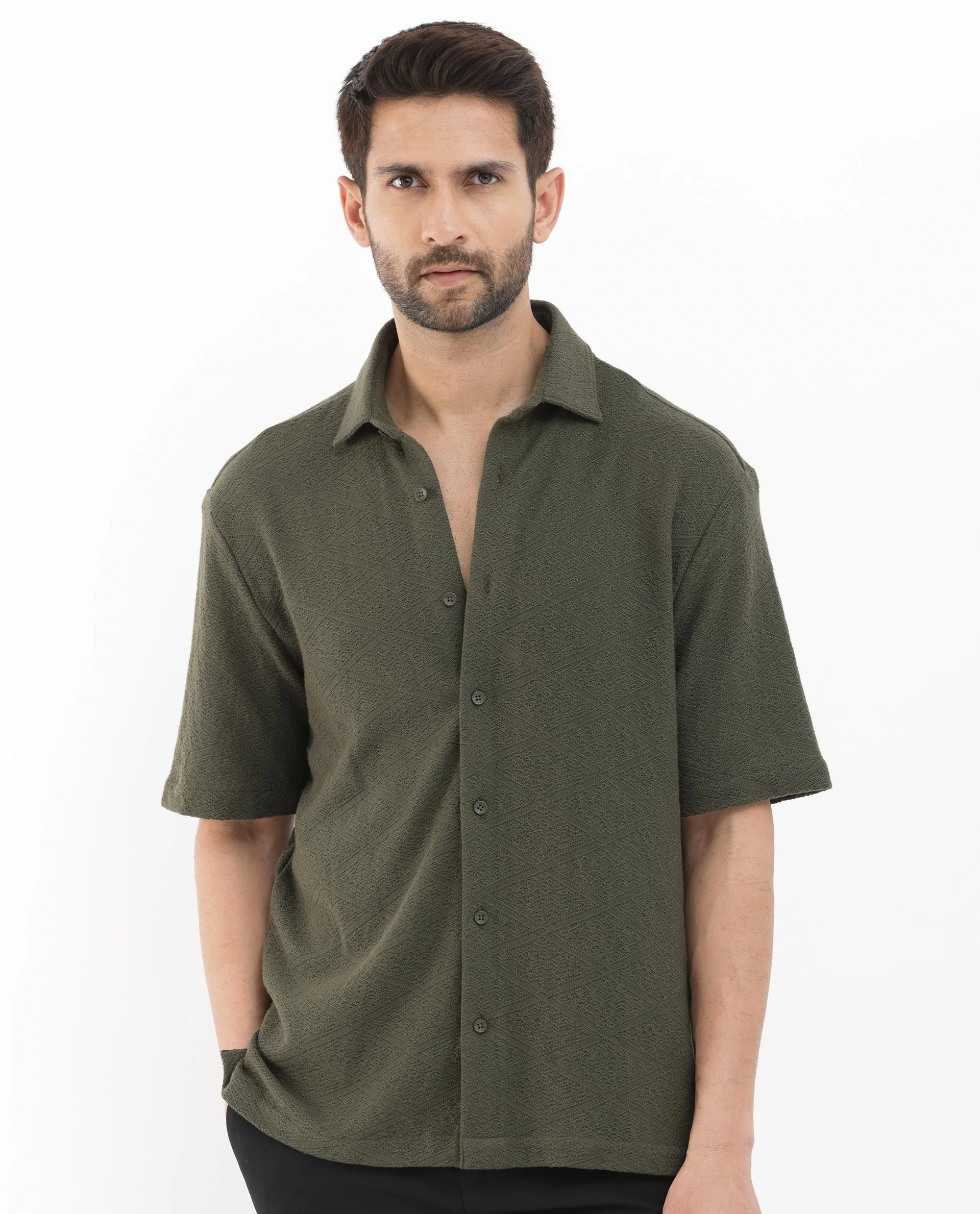 Rare Rabbit Men's Domat Olive Cotton Jacquard Boxy Fit Half Sleeve Collared Shirt - Image 6