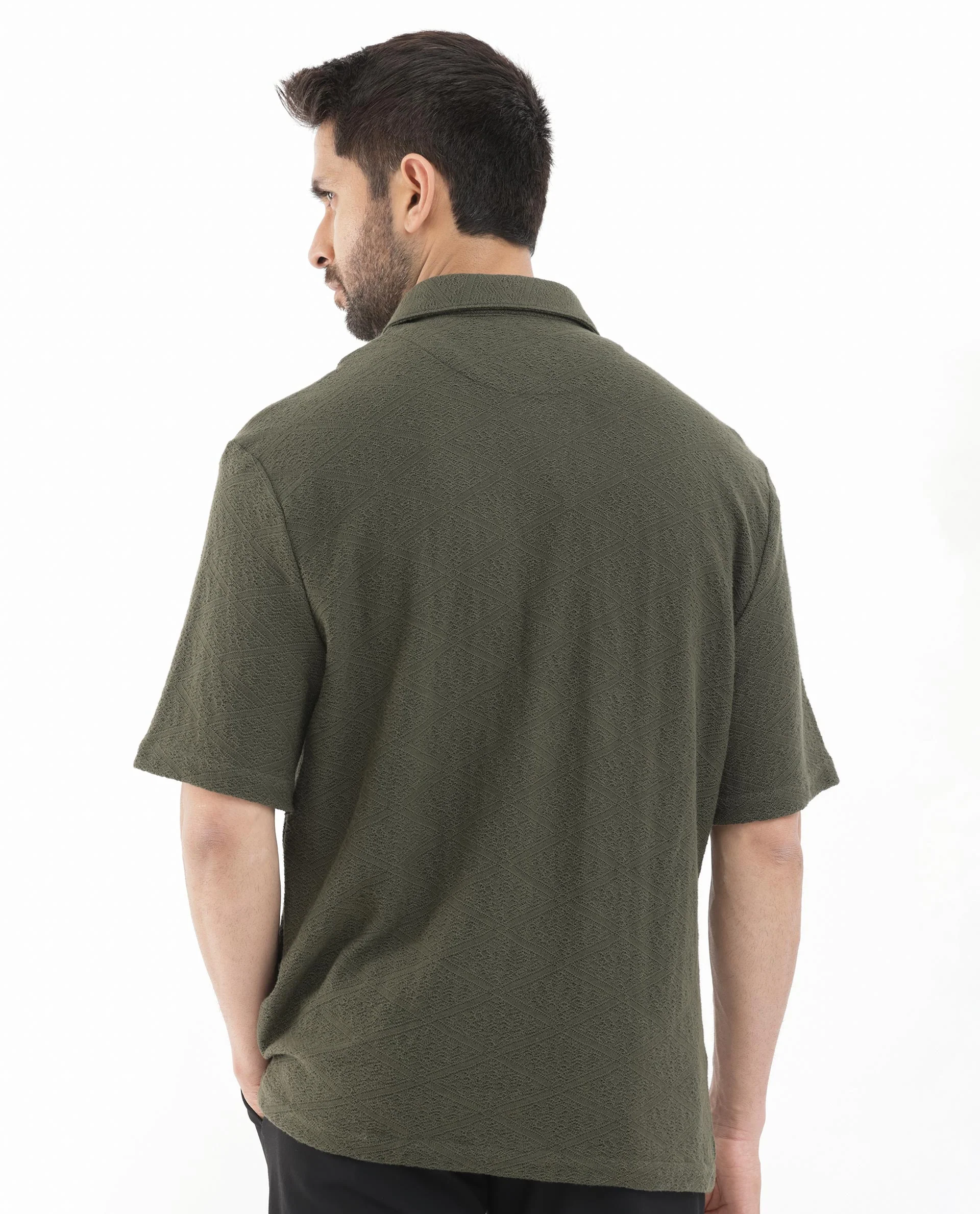 Rare Rabbit Men's Domat Olive Cotton Jacquard Boxy Fit Half Sleeve Collared Shirt - Image 7