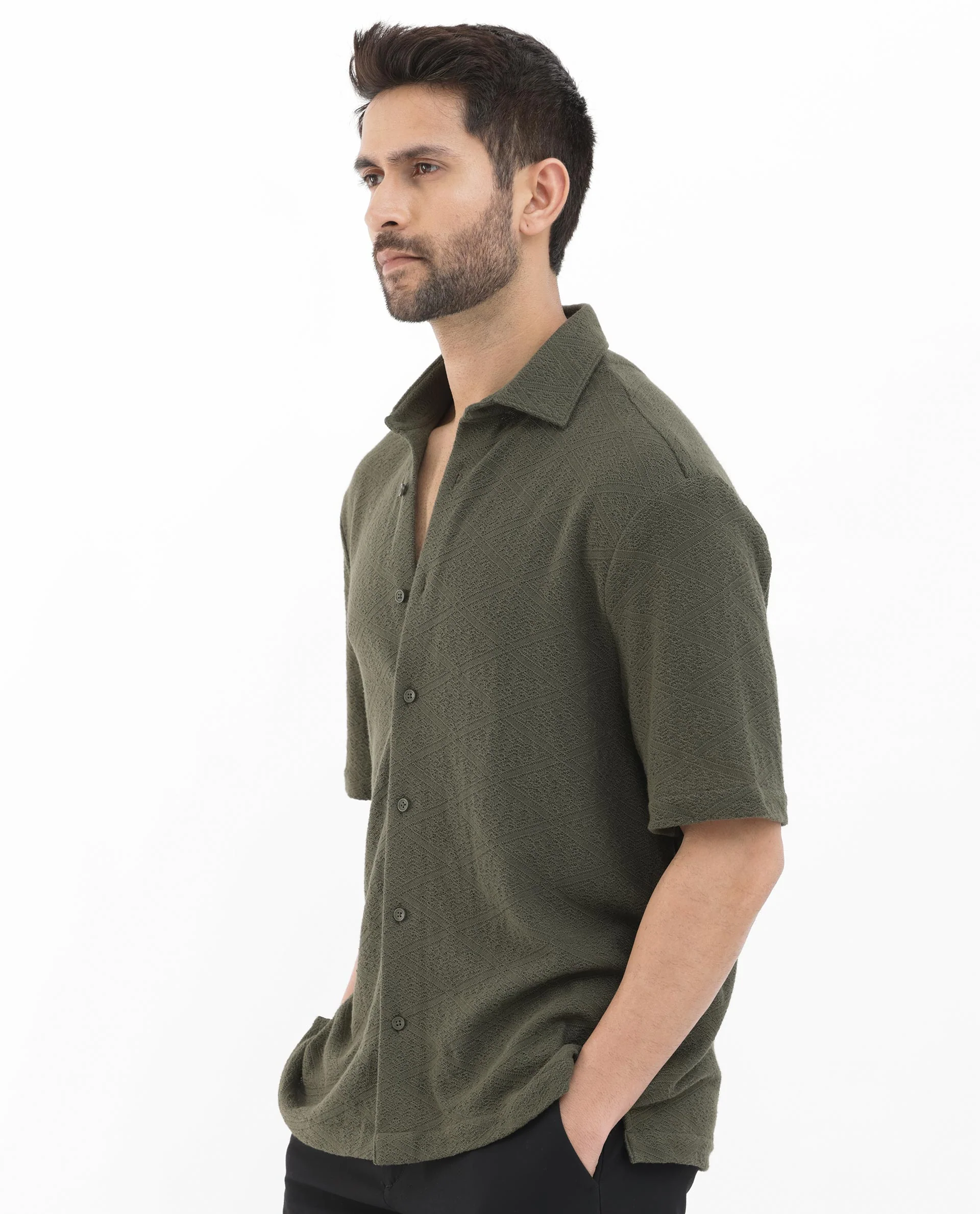 Rare Rabbit Men's Domat Olive Cotton Jacquard Boxy Fit Half Sleeve Collared Shirt - Image 8