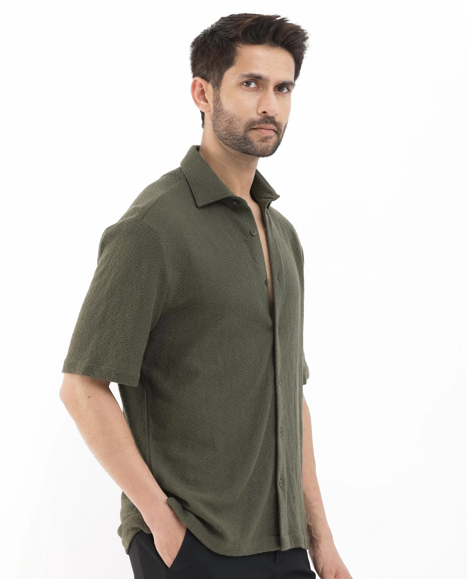 Rare Rabbit Men's Domat Olive Cotton Jacquard Boxy Fit Half Sleeve Collared Shirt - Image 9