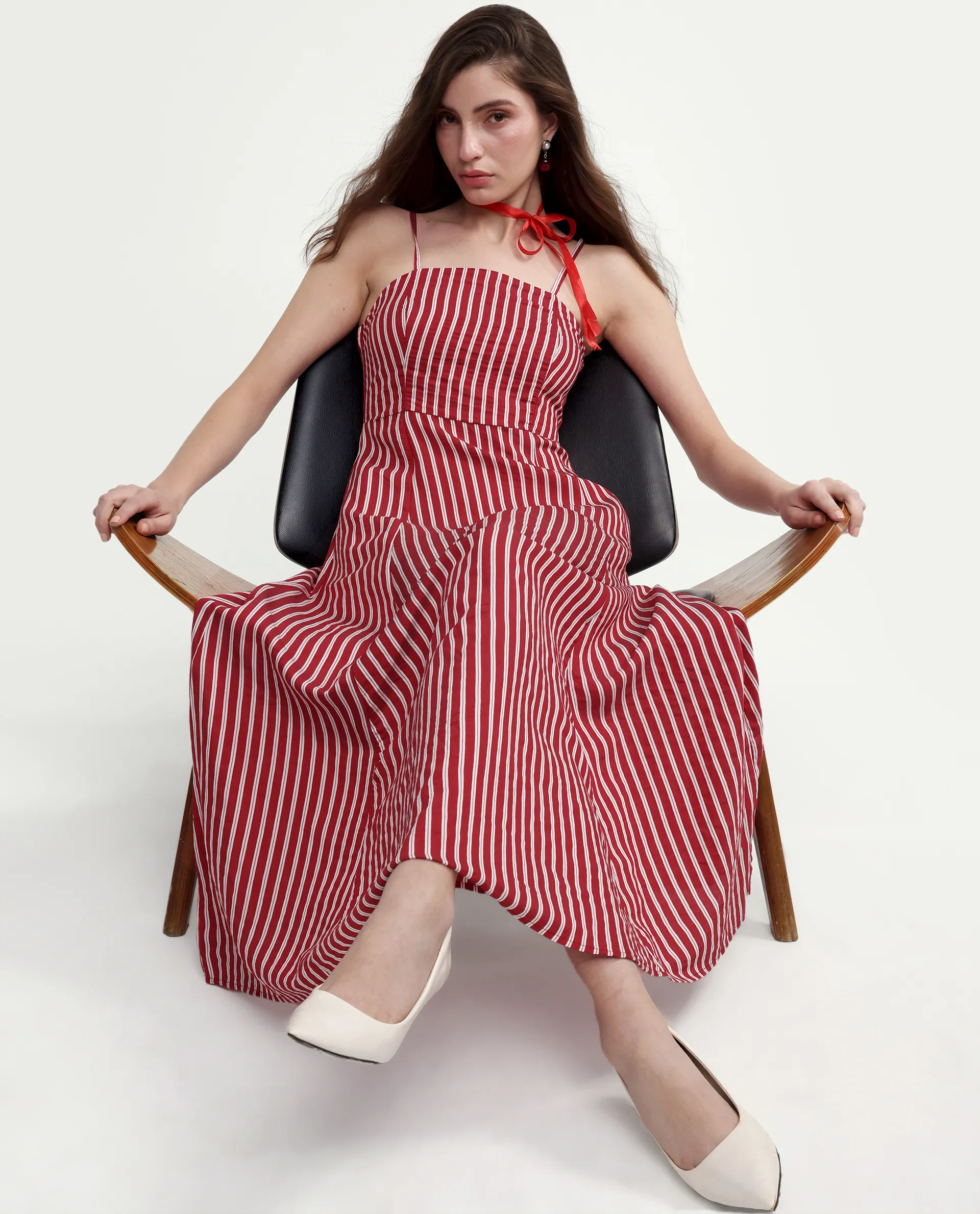 Rareism Women's Domtu Red Viscose Blend Square Button And Zip Fit And Flare Striped Dress - Image 2