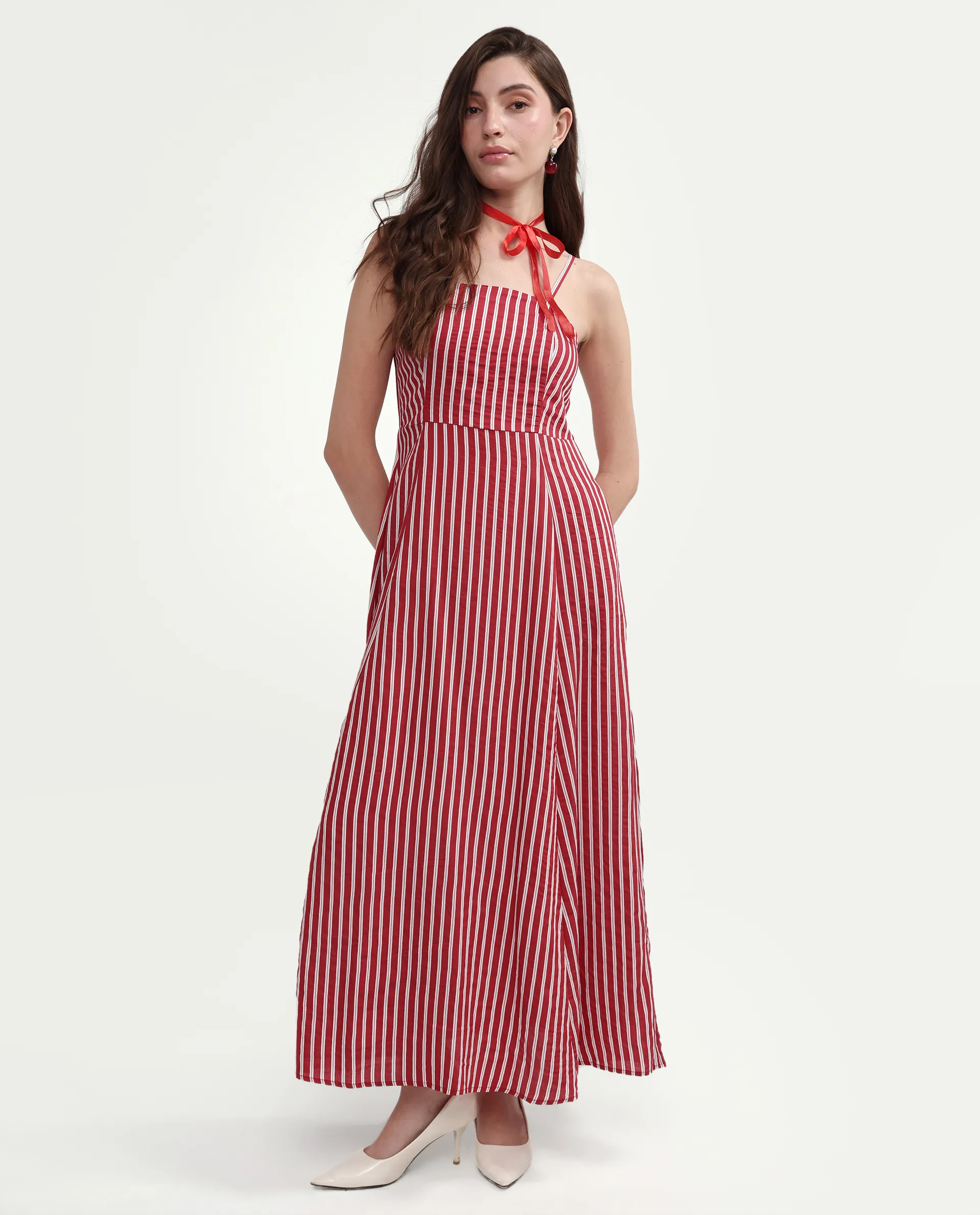 Rareism Women's Domtu Red Viscose Blend Square Button And Zip Fit And Flare Striped Dress - Image 3