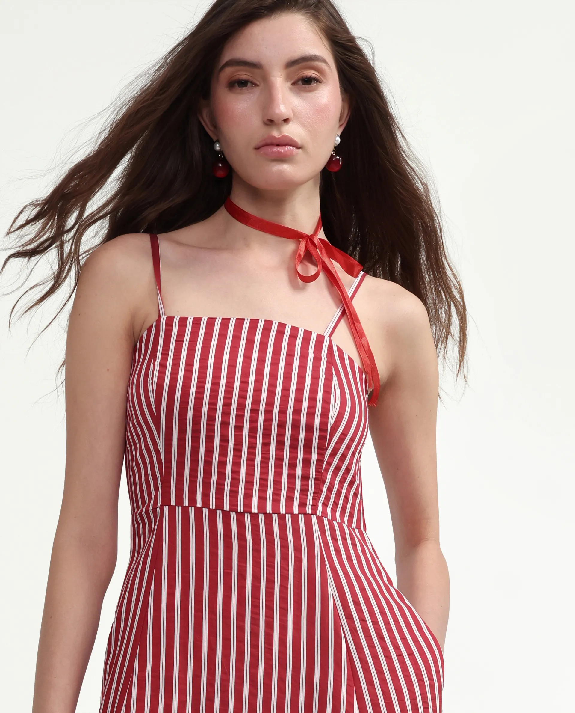 Rareism Women's Domtu Red Viscose Blend Square Button And Zip Fit And Flare Striped Dress - Image 4
