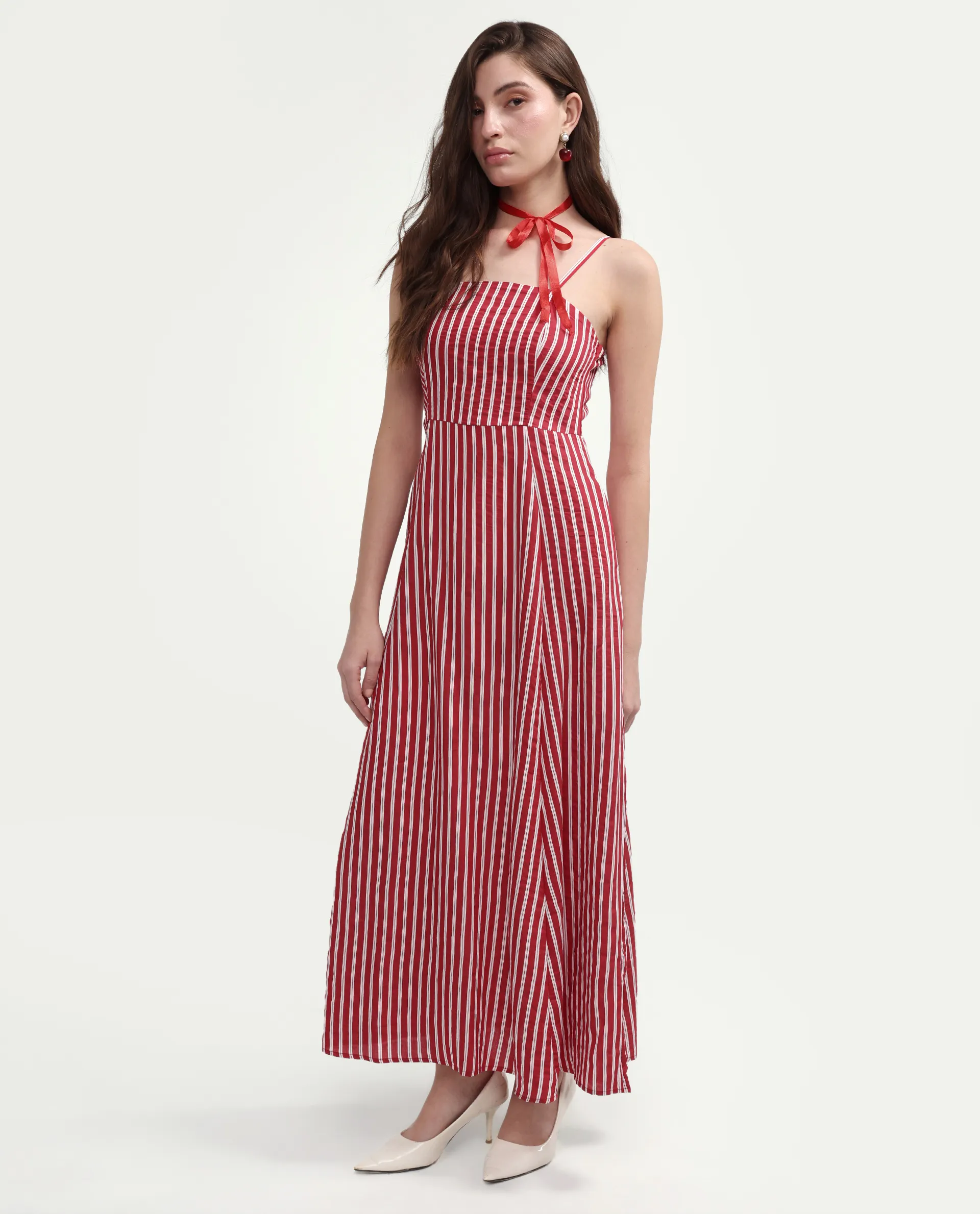 Rareism Women's Domtu Red Viscose Blend Square Button And Zip Fit And Flare Striped Dress - Image 5