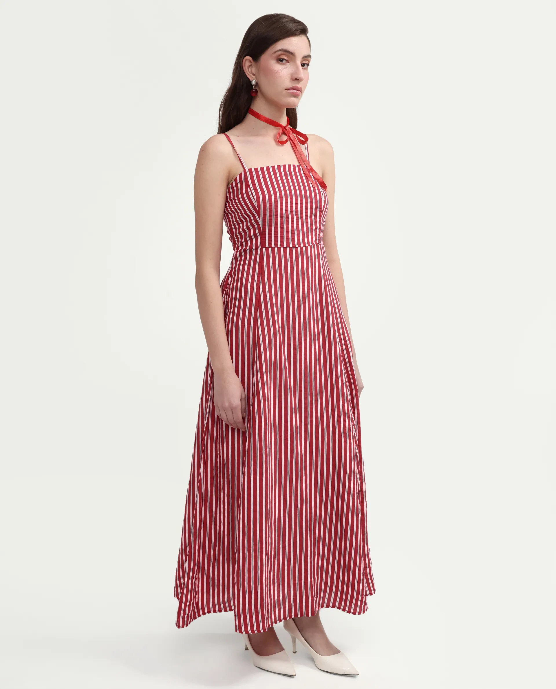 Rareism Women's Domtu Red Viscose Blend Square Button And Zip Fit And Flare Striped Dress - Image 6