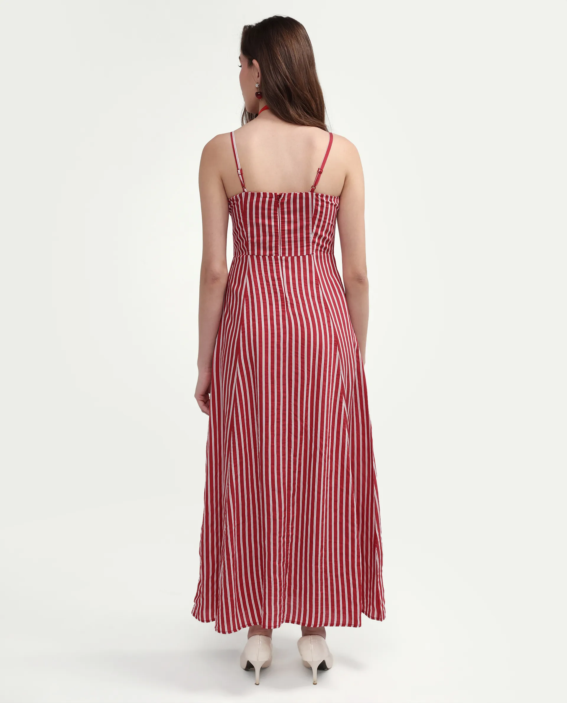 Rareism Women's Domtu Red Viscose Blend Square Button And Zip Fit And Flare Striped Dress - Image 7