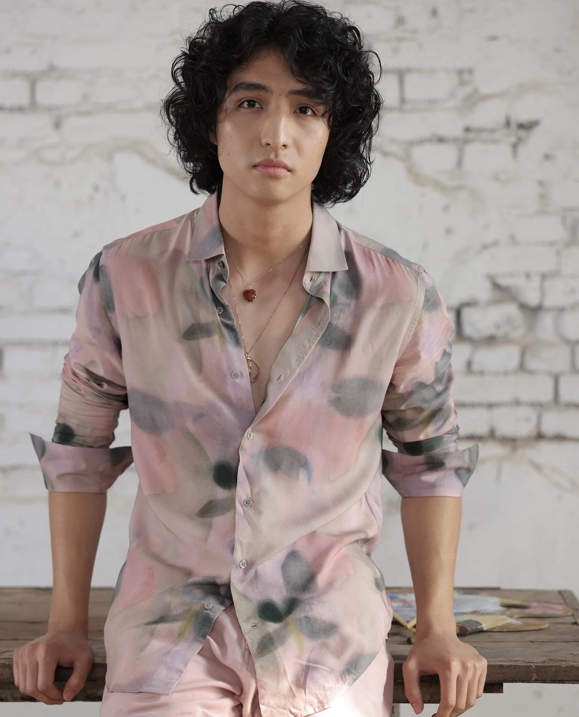 Rare Rabbit Men's Donac Dusky Olive Viscose Abstract Print Regular Fit Full Sleeve Collared Shirt