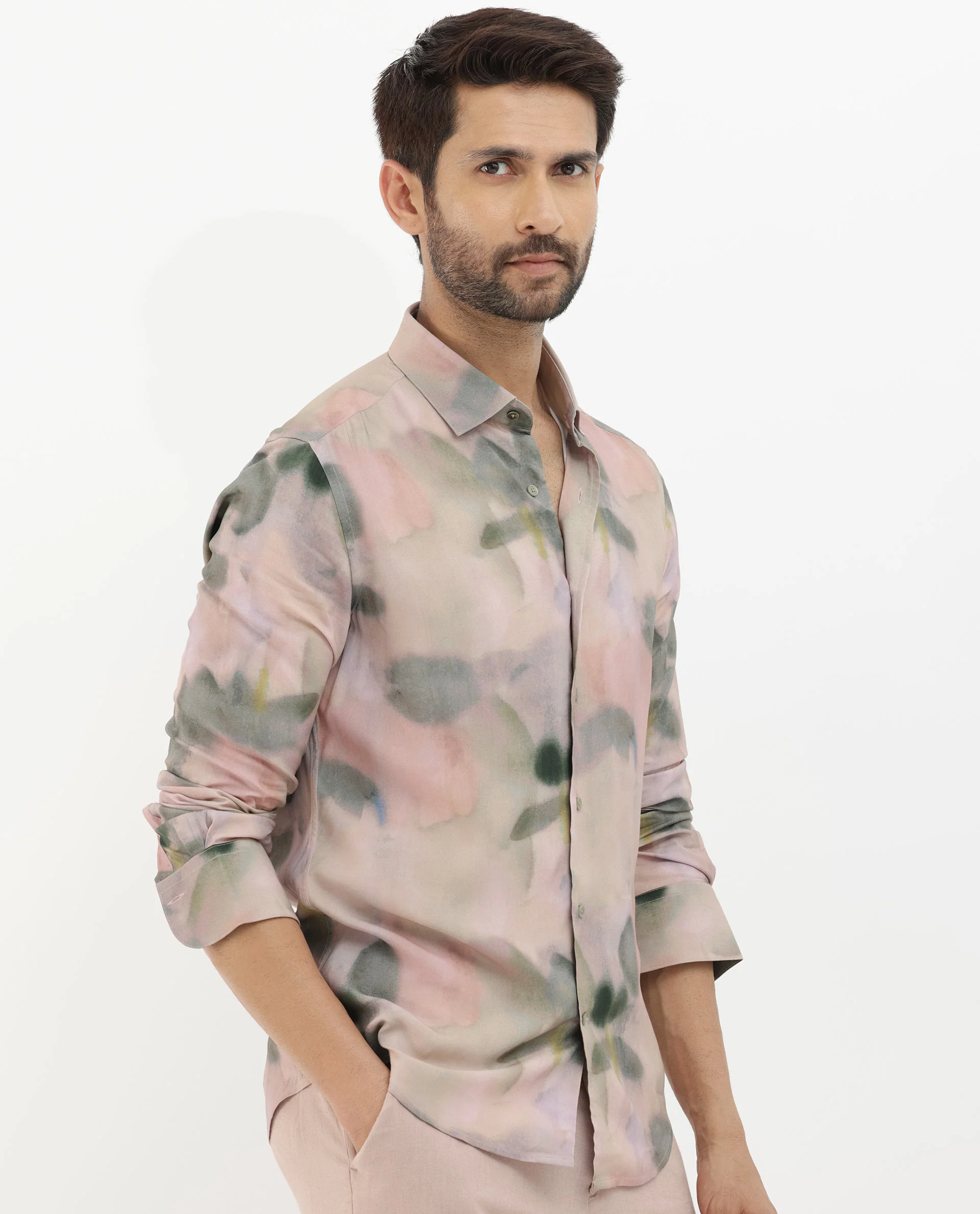 Rare Rabbit Men's Donac Dusky Olive Viscose Abstract Print Regular Fit Full Sleeve Collared Shirt - Image 8