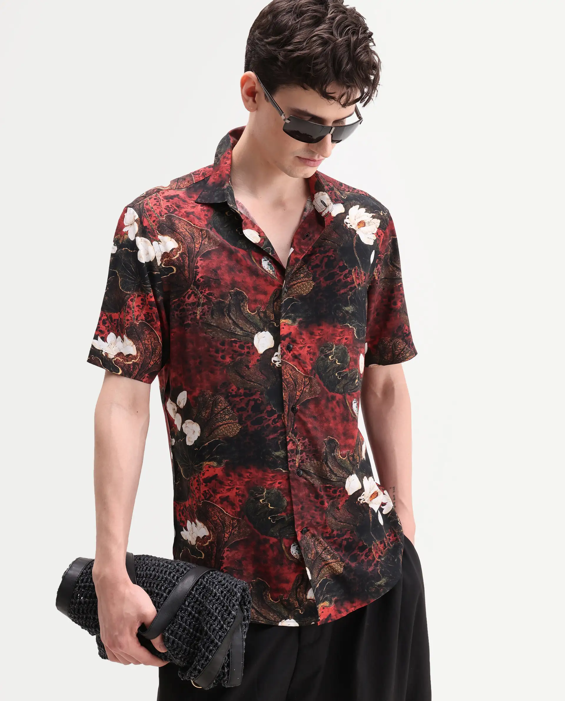 Rare Rabbit Men's Doni Black Viscose Fabric Full Sleeve Spread Collar Regular Floral Print Shirt
