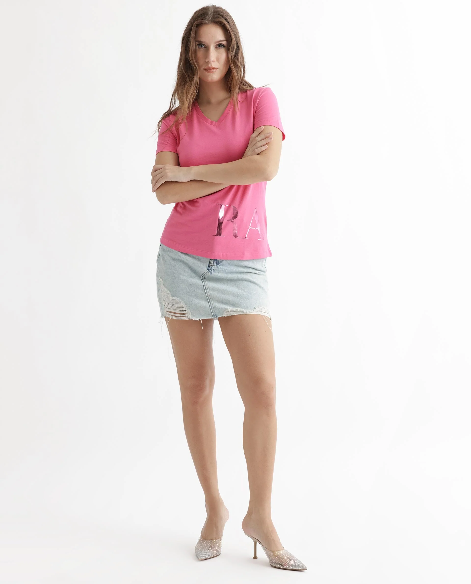 Rareism Women's Donovan Pink Cotton Crew Neck Graphic Print Regular Fit T-Shirt - Image 10