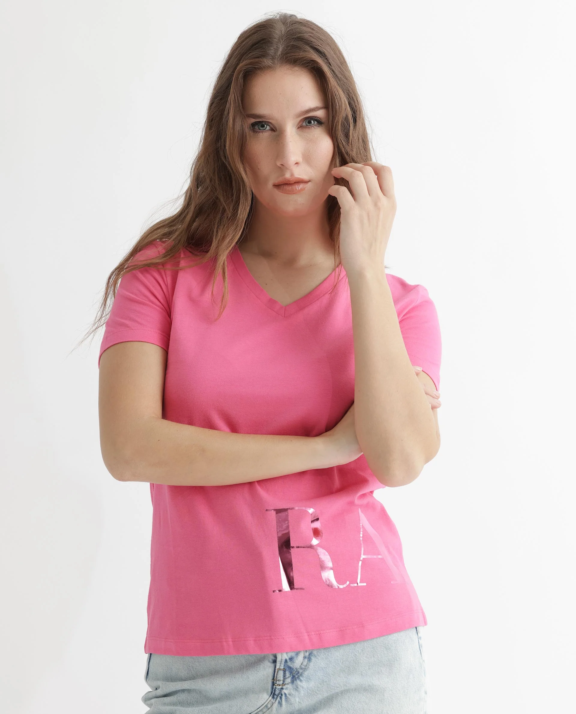Rareism Women's Donovan Pink Cotton Crew Neck Graphic Print Regular Fit T-Shirt - Image 5