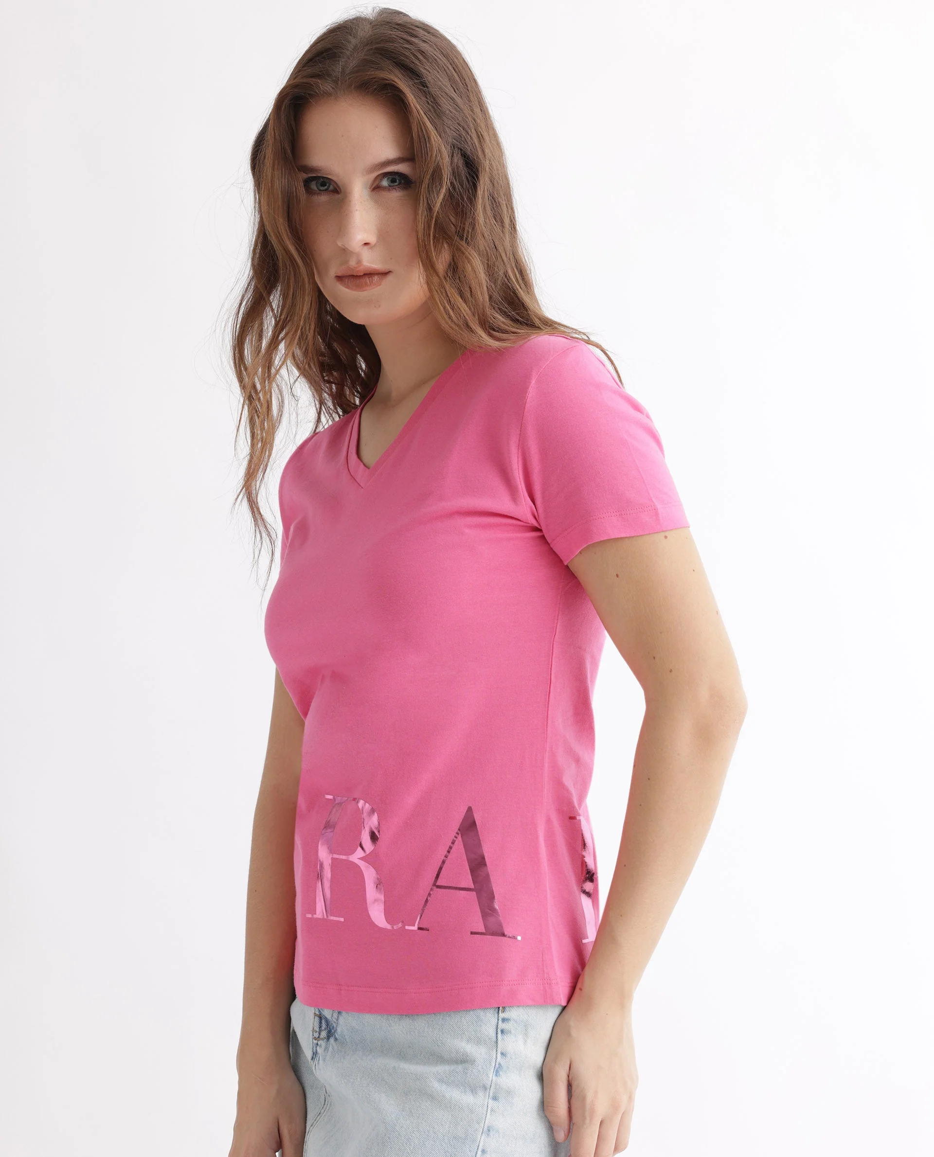 Rareism Women's Donovan Pink Cotton Crew Neck Graphic Print Regular Fit T-Shirt - Image 7