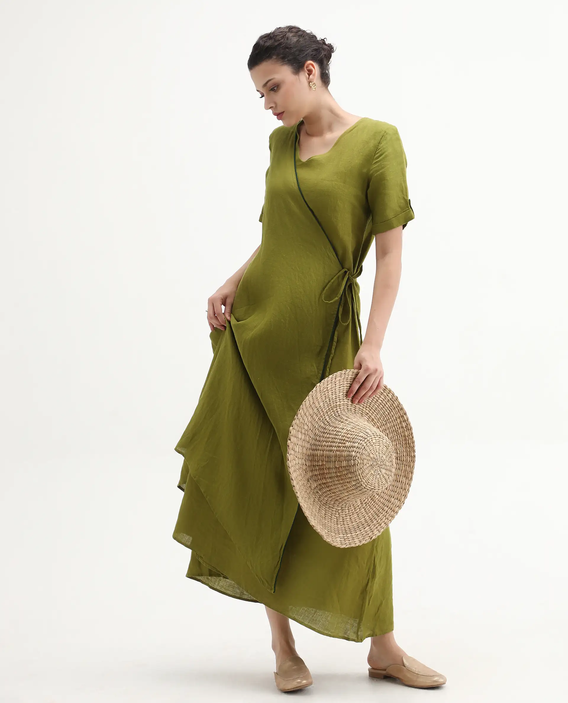 Rareism Womens Doodle Green Cotton Linen Fabric Relaxed Fit Long Length Round Neck