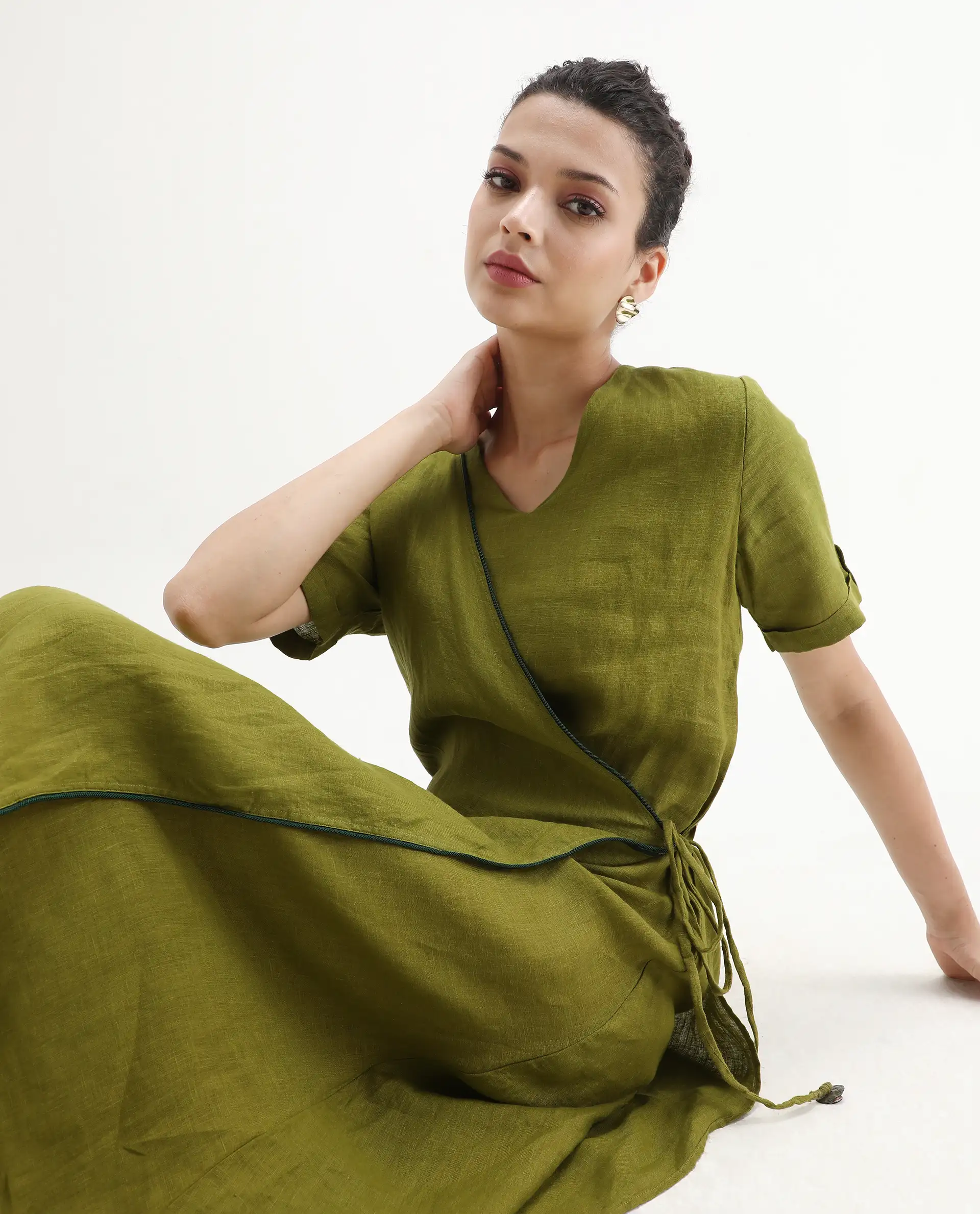 Rareism Womens Doodle Green Cotton Linen Fabric Relaxed Fit Long Length Round Neck - Image 2