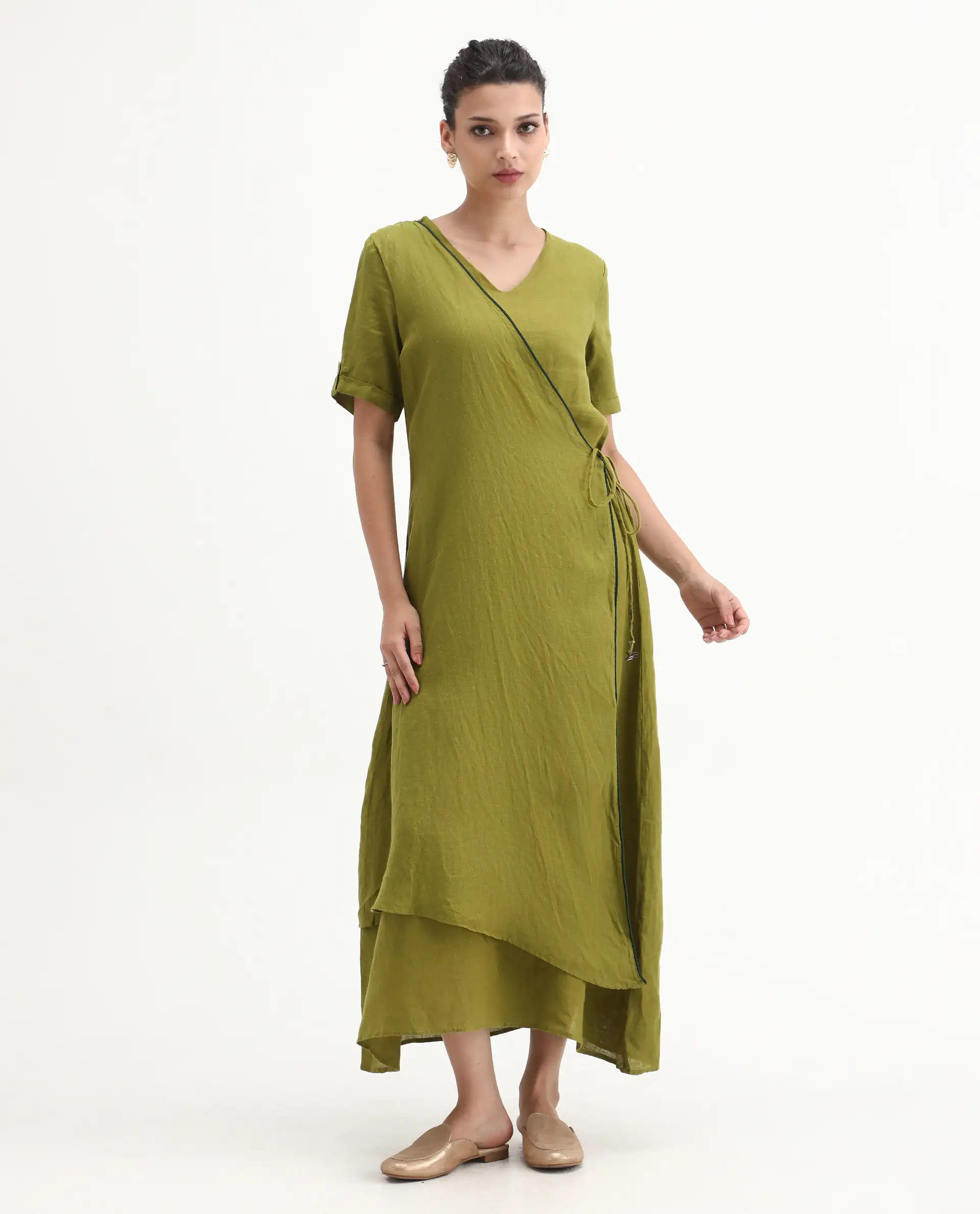 Rareism Womens Doodle Green Cotton Linen Fabric Relaxed Fit Long Length Round Neck - Image 3