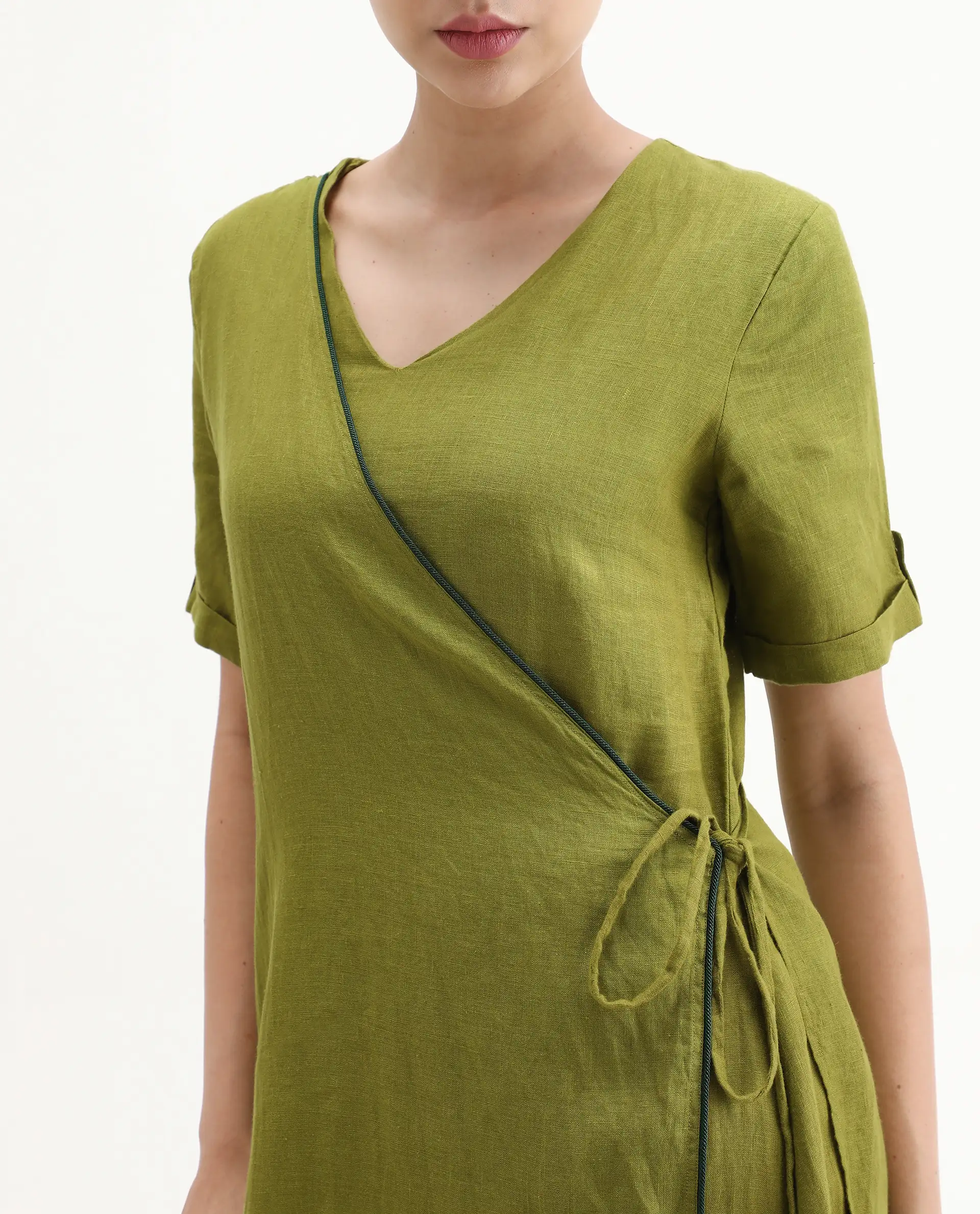 Rareism Womens Doodle Green Cotton Linen Fabric Relaxed Fit Long Length Round Neck - Image 4