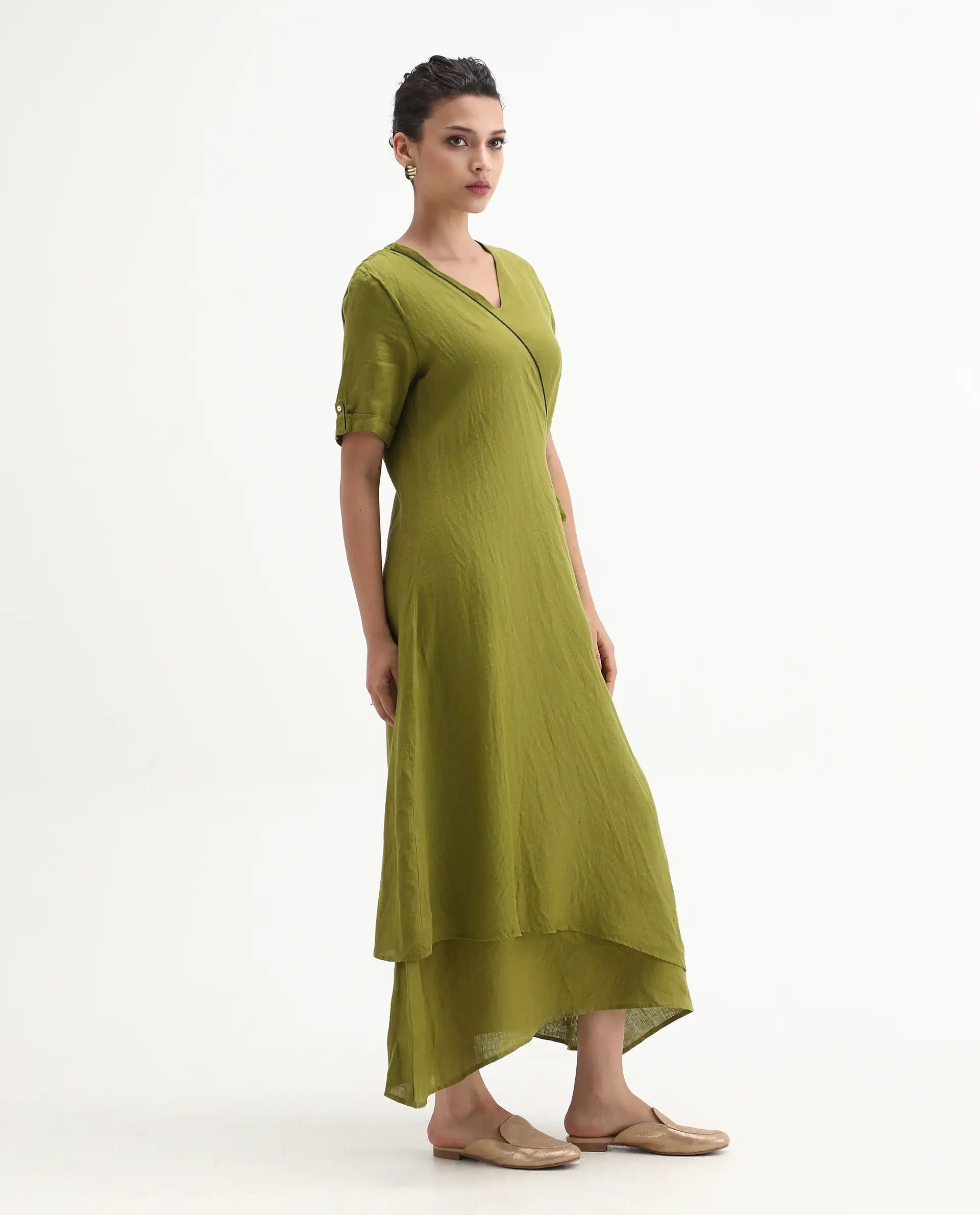 Rareism Womens Doodle Green Cotton Linen Fabric Relaxed Fit Long Length Round Neck - Image 5