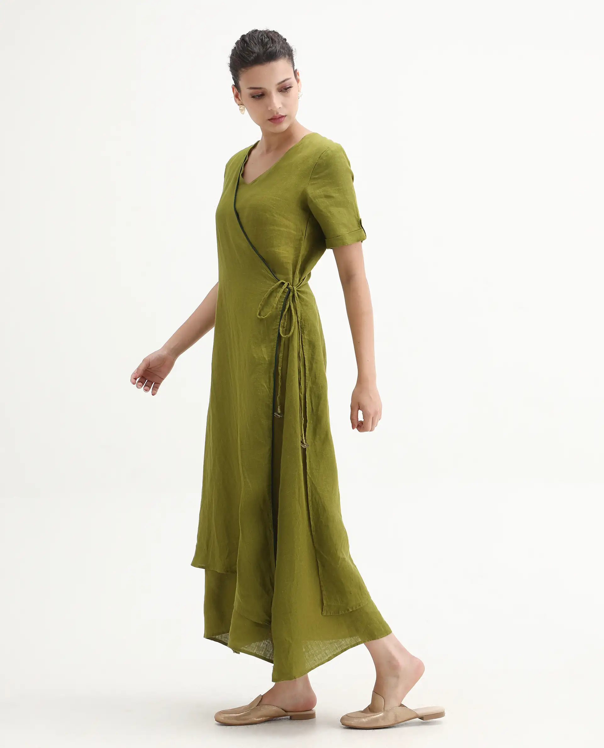 Rareism Womens Doodle Green Cotton Linen Fabric Relaxed Fit Long Length Round Neck - Image 6