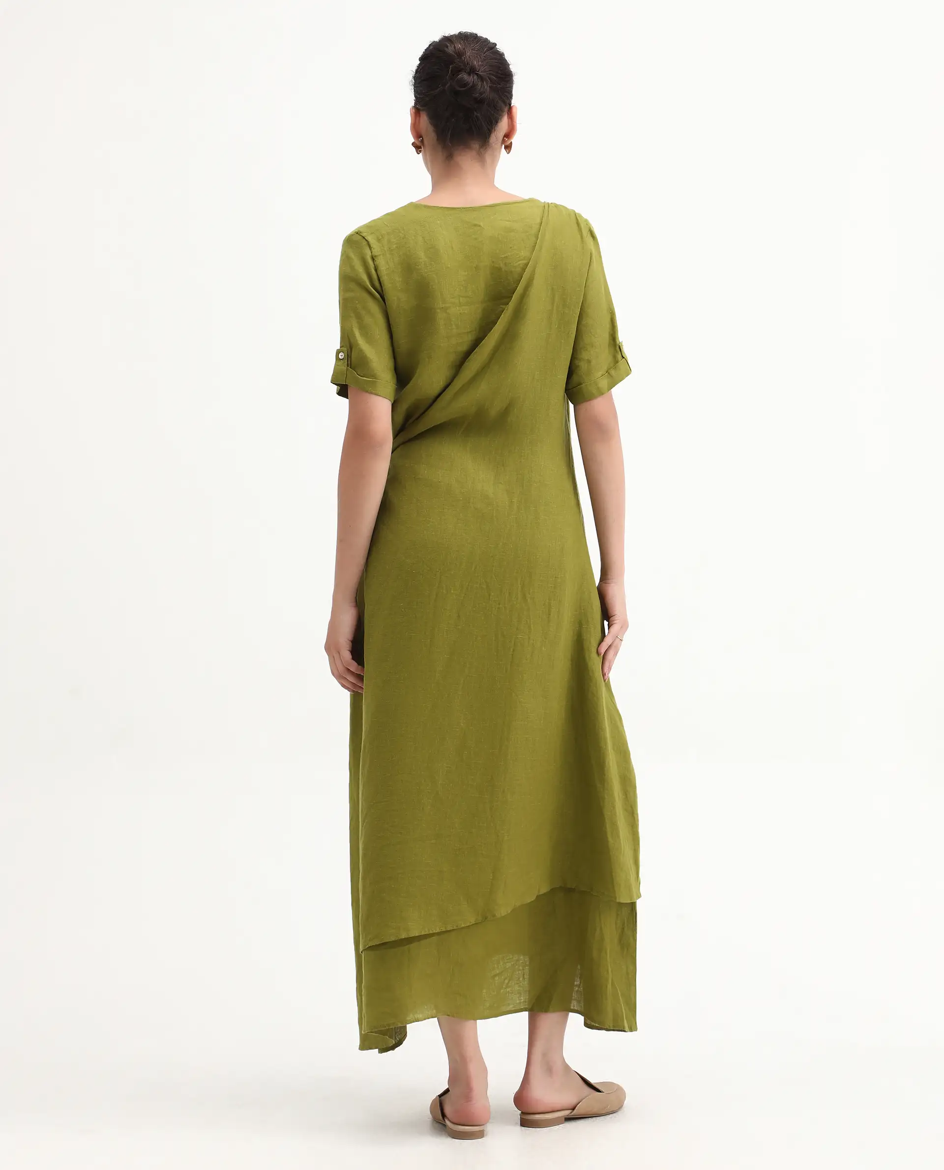Rareism Womens Doodle Green Cotton Linen Fabric Relaxed Fit Long Length Round Neck - Image 7