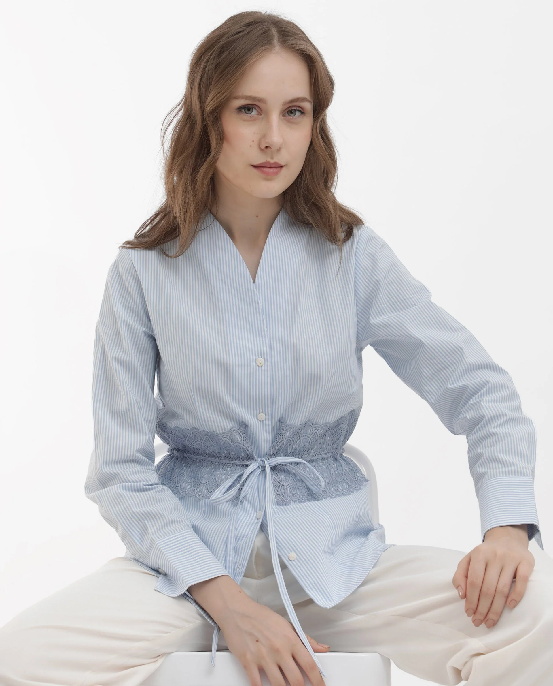 Rareism Women's Doose Blue Cotton Spread Collar Plain Cuffed Sleeve Regular Fit Top - Image 10