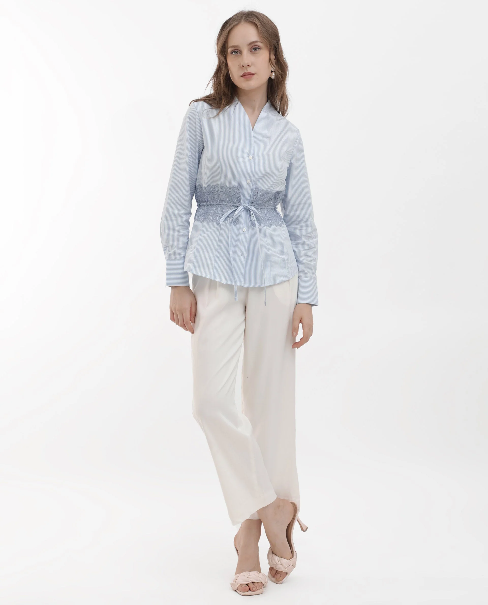 Rareism Women's Doose Blue Cotton Spread Collar Plain Cuffed Sleeve Regular Fit Top - Image 4