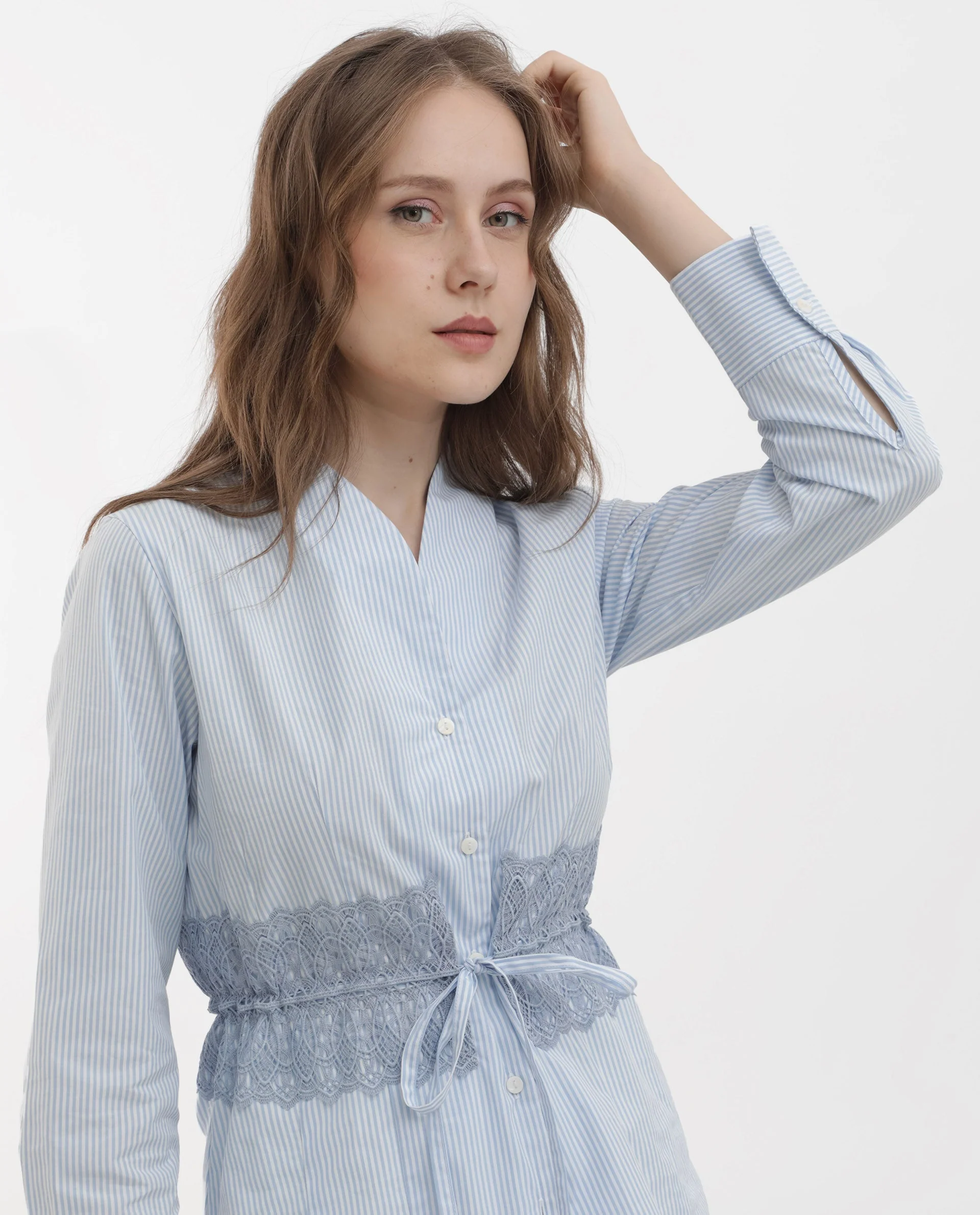 Rareism Women's Doose Blue Cotton Spread Collar Plain Cuffed Sleeve Regular Fit Top - Image 5