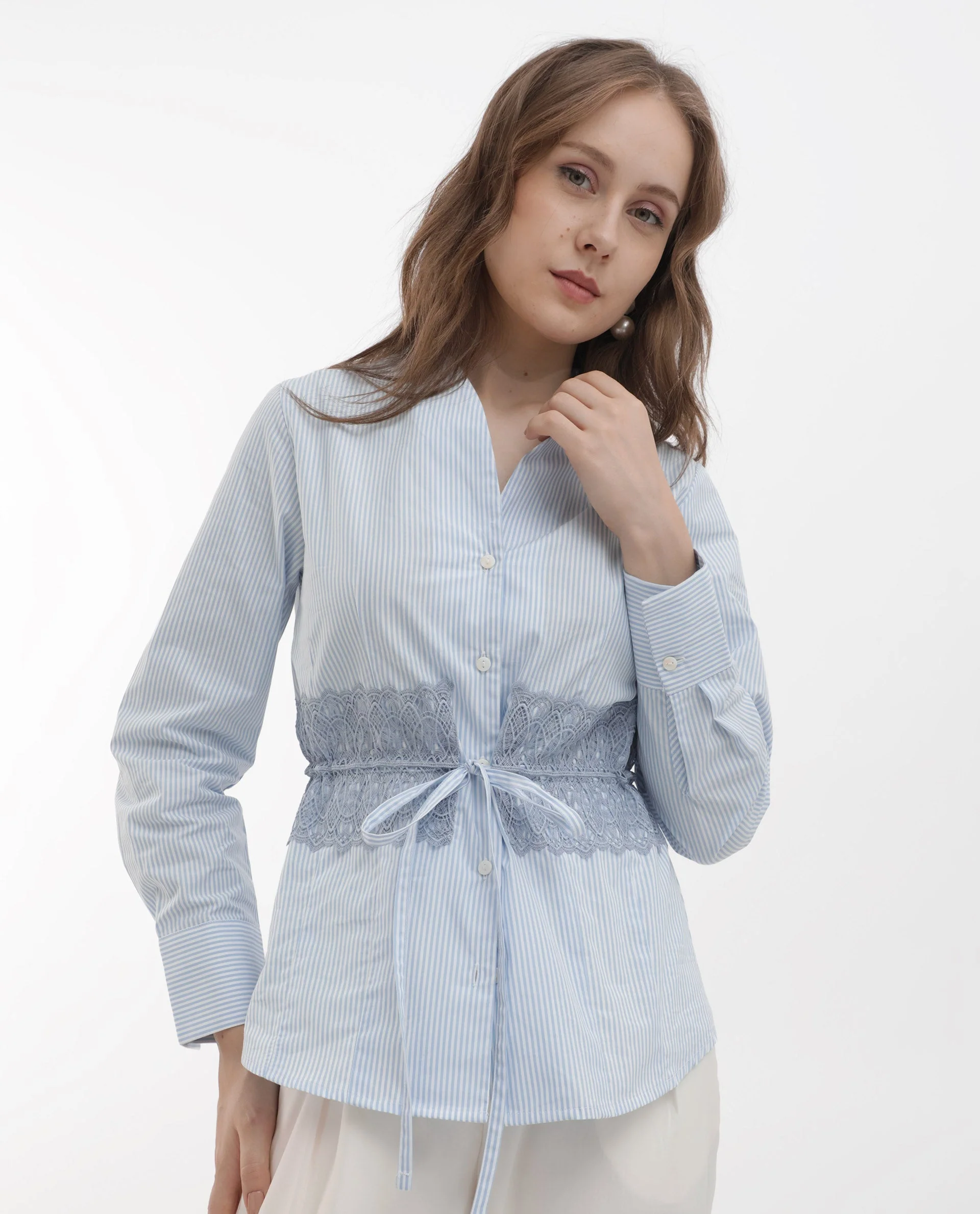 Rareism Women's Doose Blue Cotton Spread Collar Plain Cuffed Sleeve Regular Fit Top - Image 6