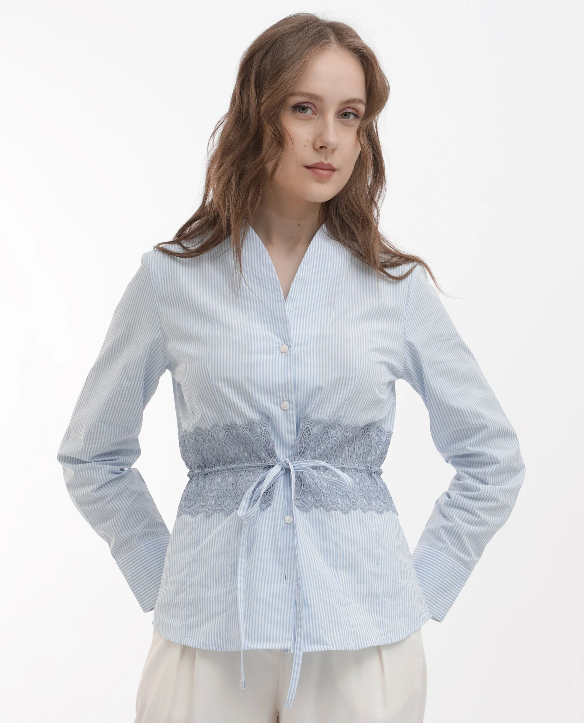Rareism Women's Doose Blue Cotton Spread Collar Plain Cuffed Sleeve Regular Fit Top - Image 9