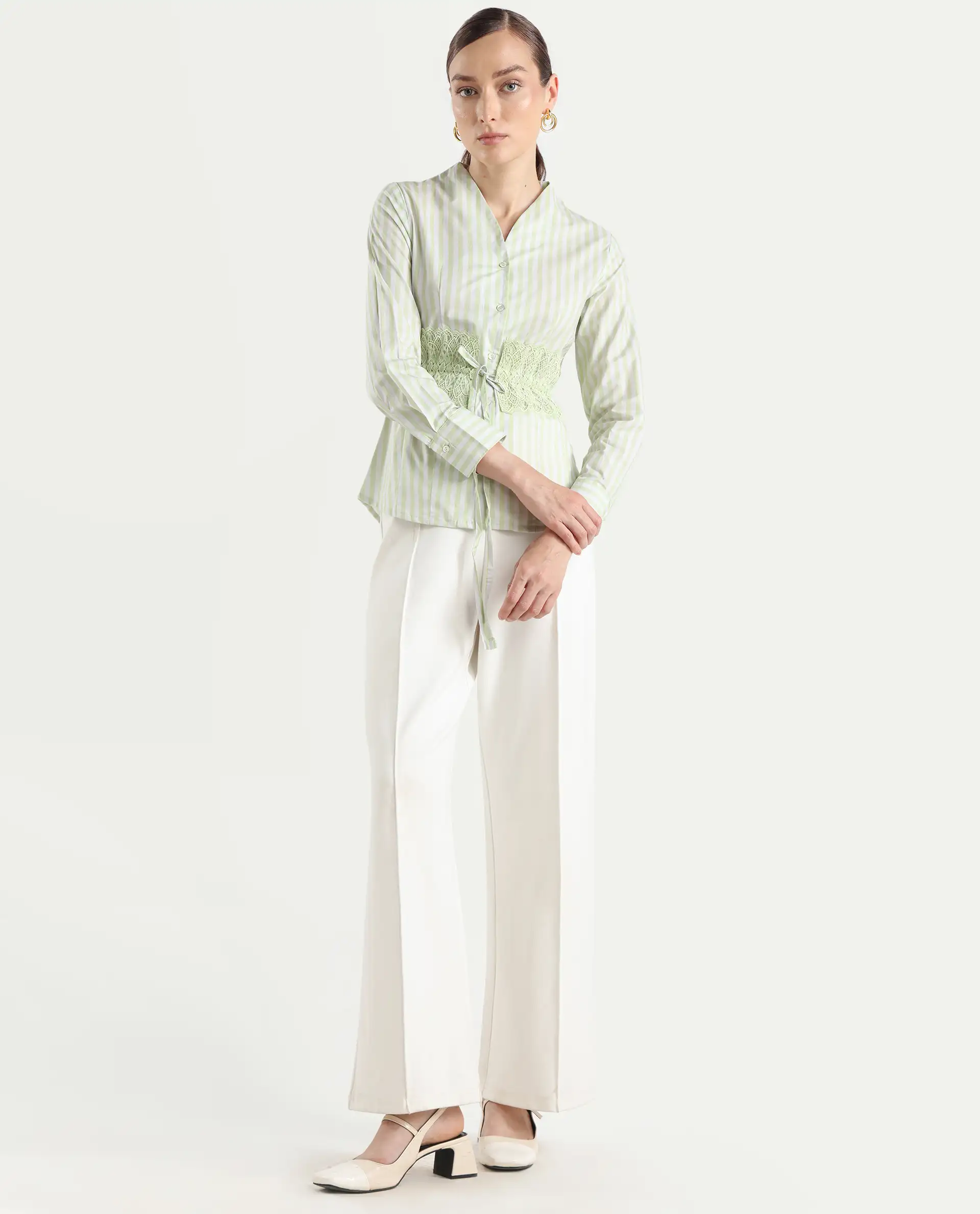 Rareism Women's Dooze Light Green Cotton V-Neck Striped Cuffed Sleeve Regular Fit Top - Image 2