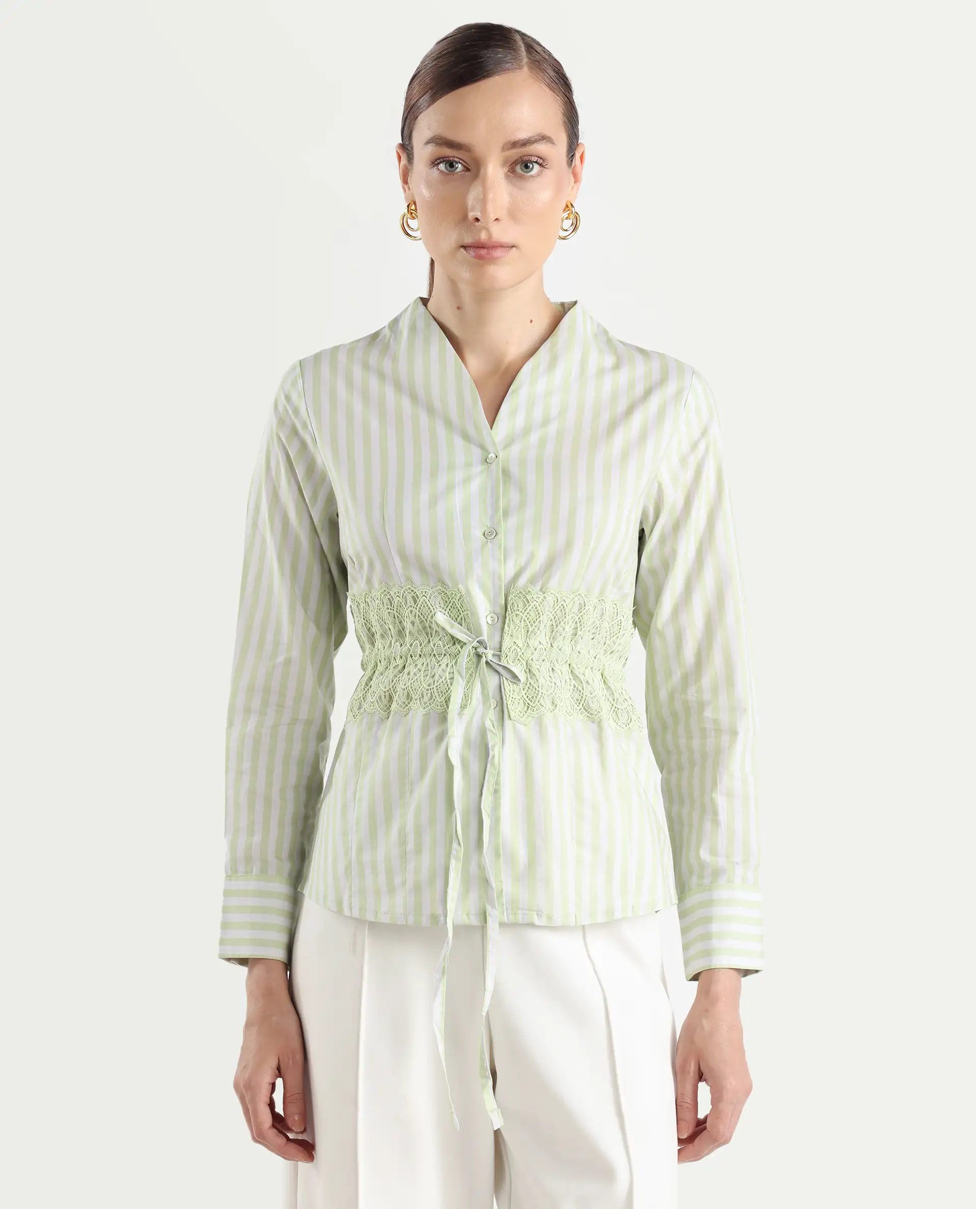Rareism Women's Dooze Light Green Cotton V-Neck Striped Cuffed Sleeve Regular Fit Top - Image 3