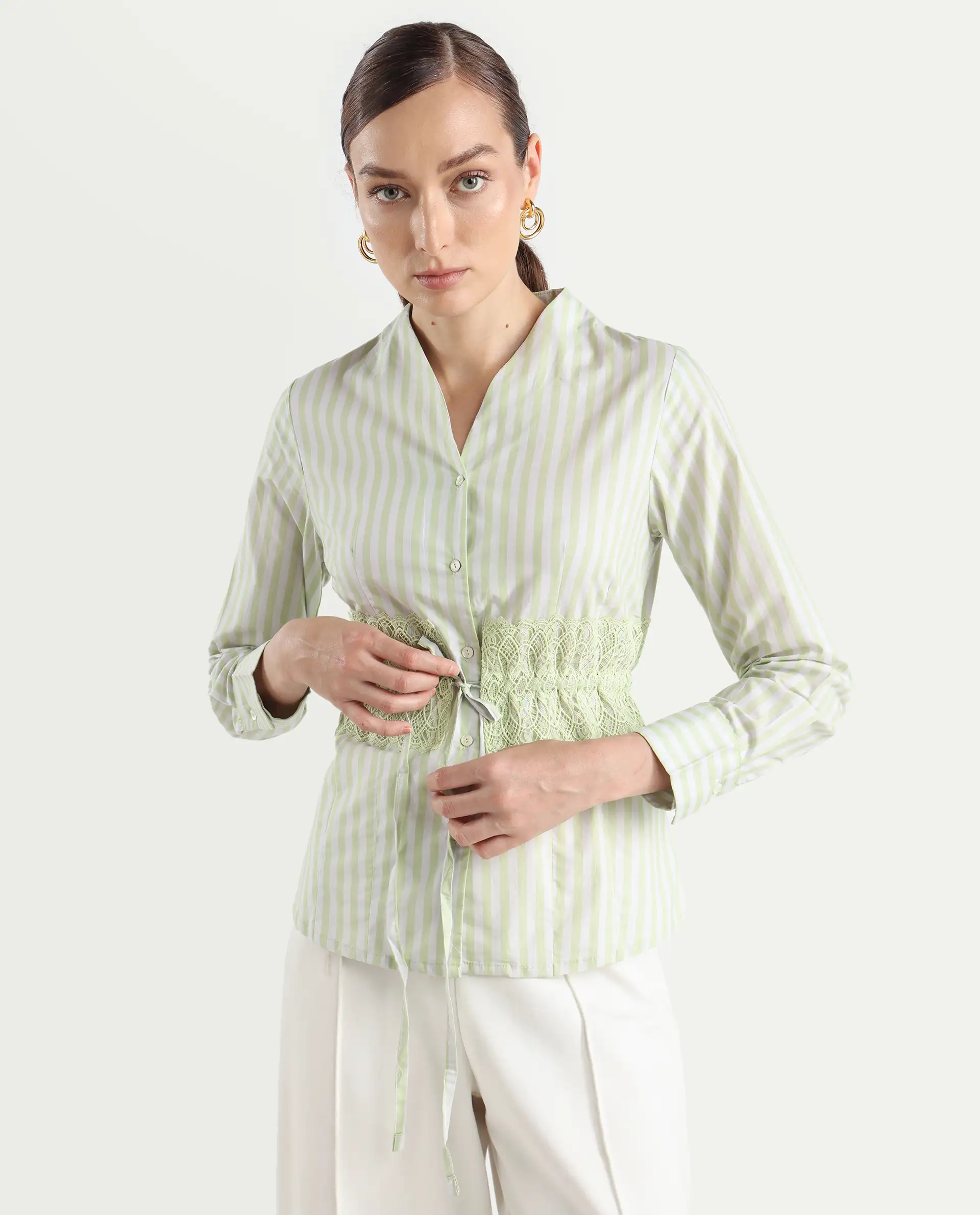 Rareism Women's Dooze Light Green Cotton V-Neck Striped Cuffed Sleeve Regular Fit Top - Image 4