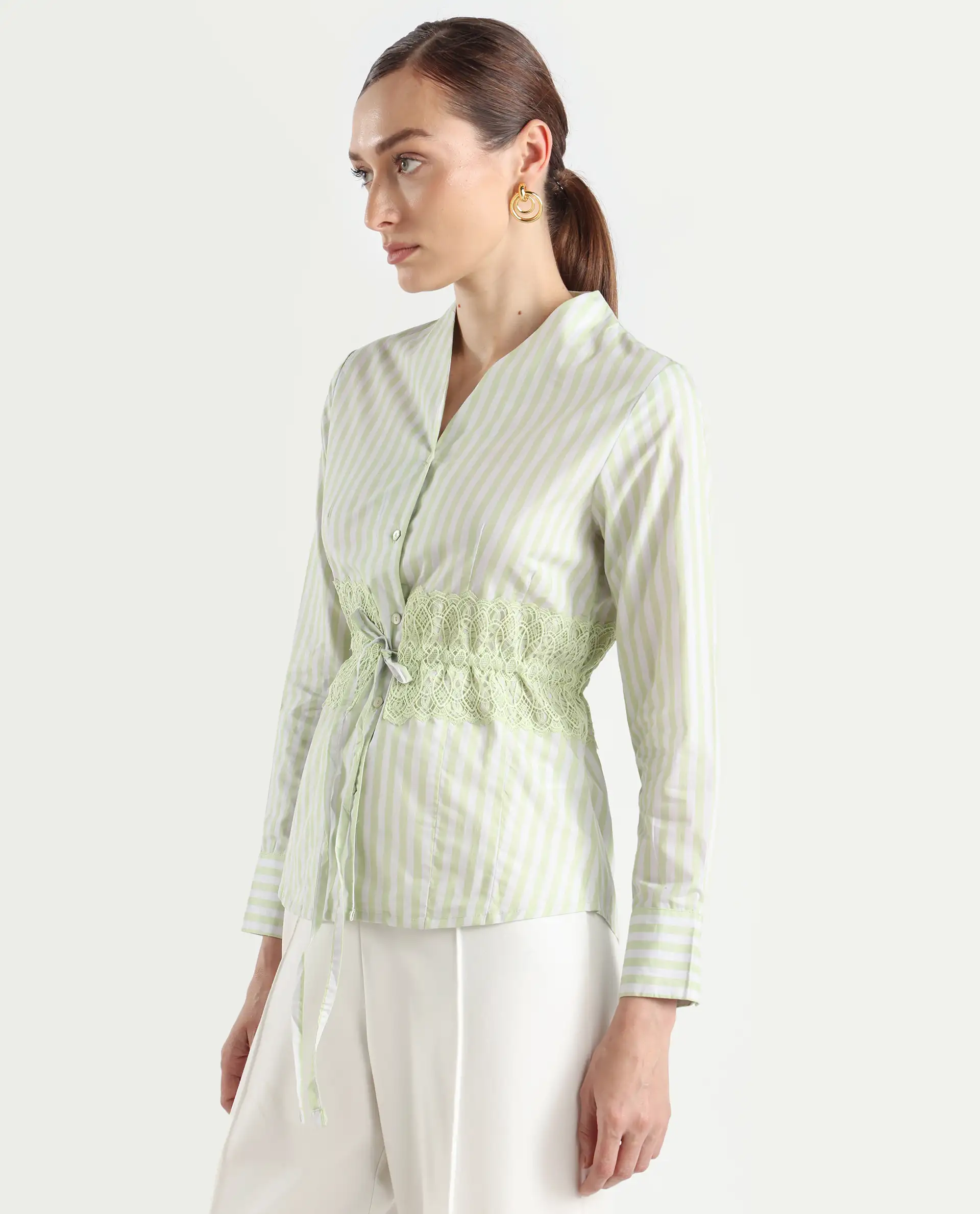 Rareism Women's Dooze Light Green Cotton V-Neck Striped Cuffed Sleeve Regular Fit Top - Image 5