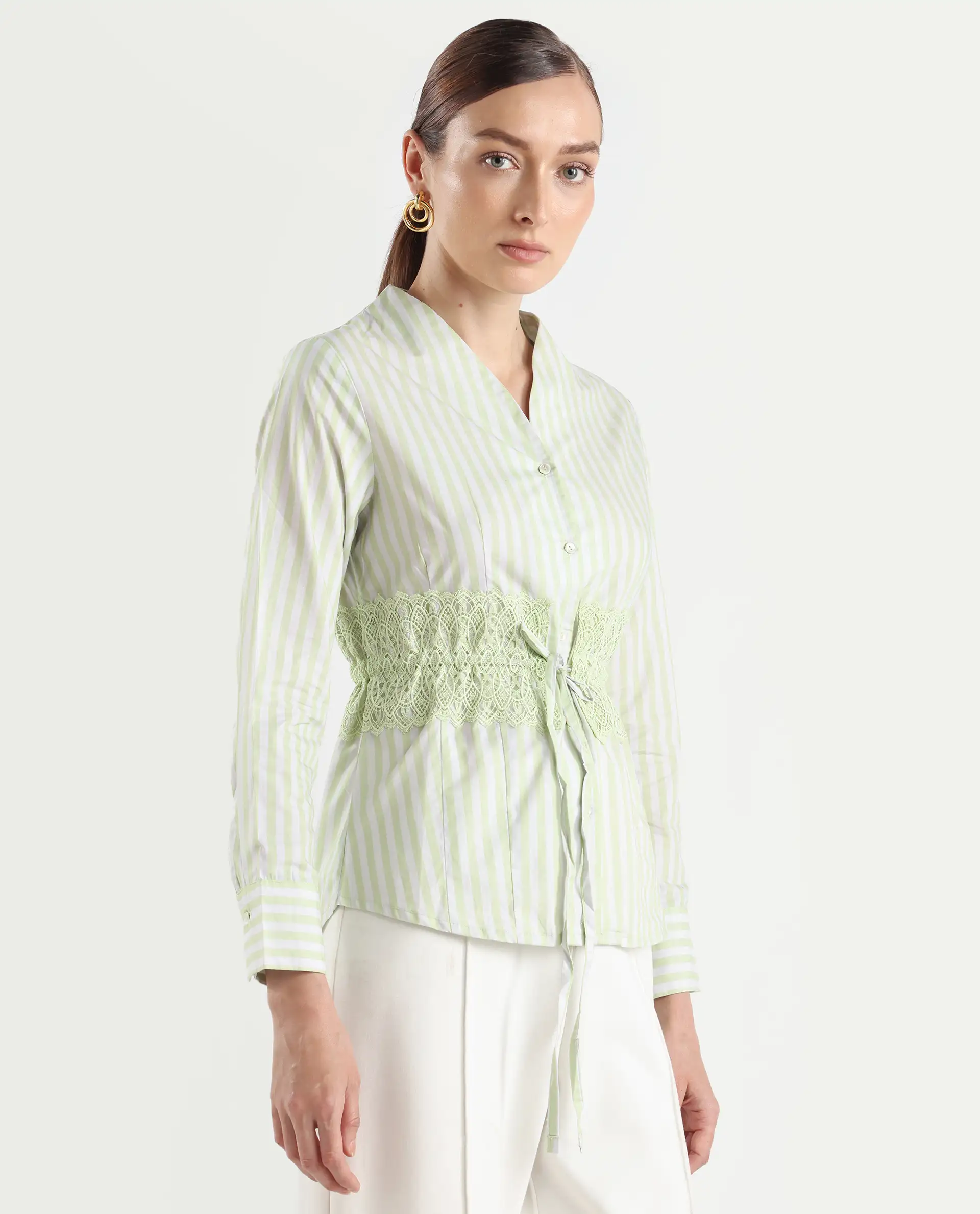 Rareism Women's Dooze Light Green Cotton V-Neck Striped Cuffed Sleeve Regular Fit Top - Image 6