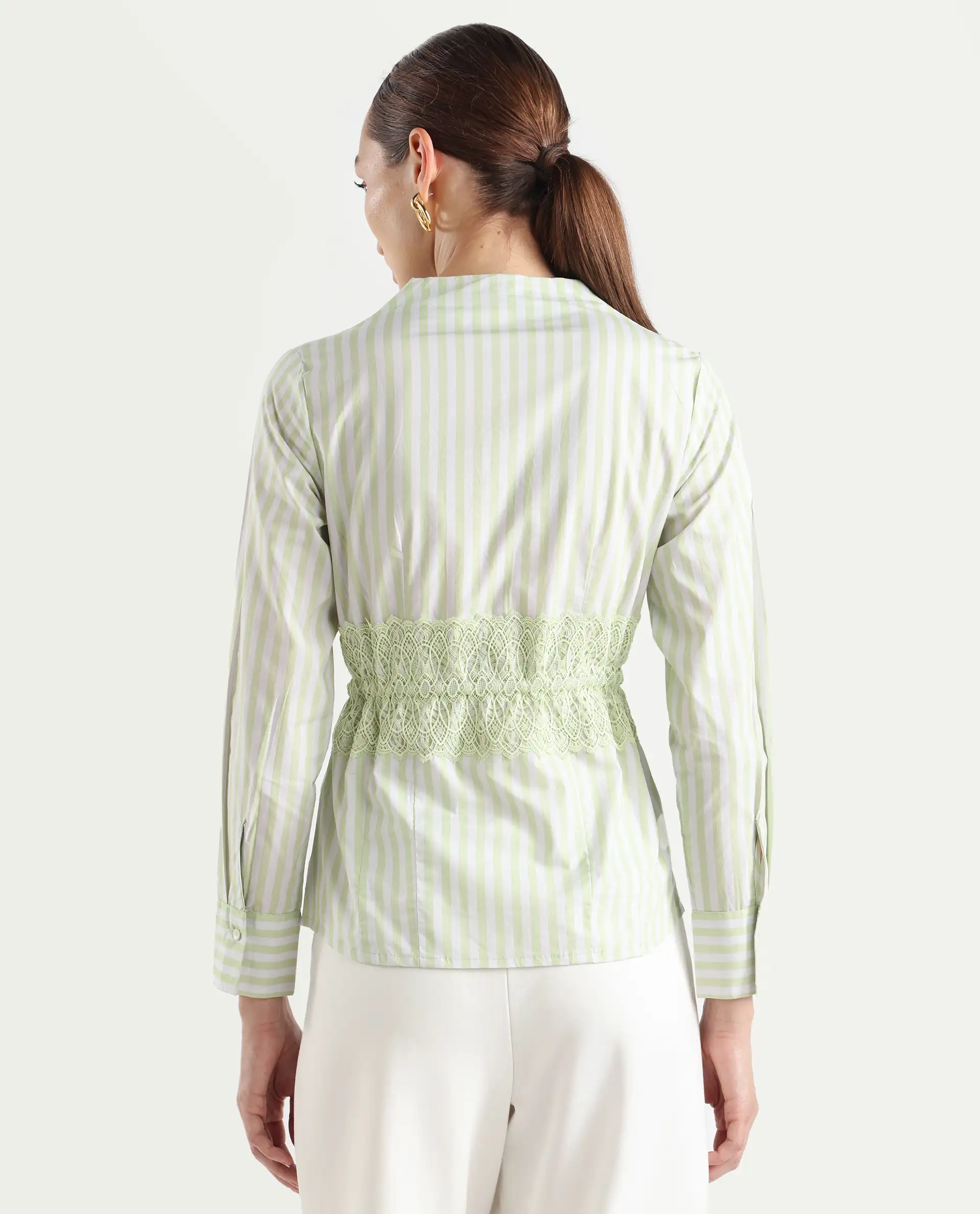 Rareism Women's Dooze Light Green Cotton V-Neck Striped Cuffed Sleeve Regular Fit Top - Image 7