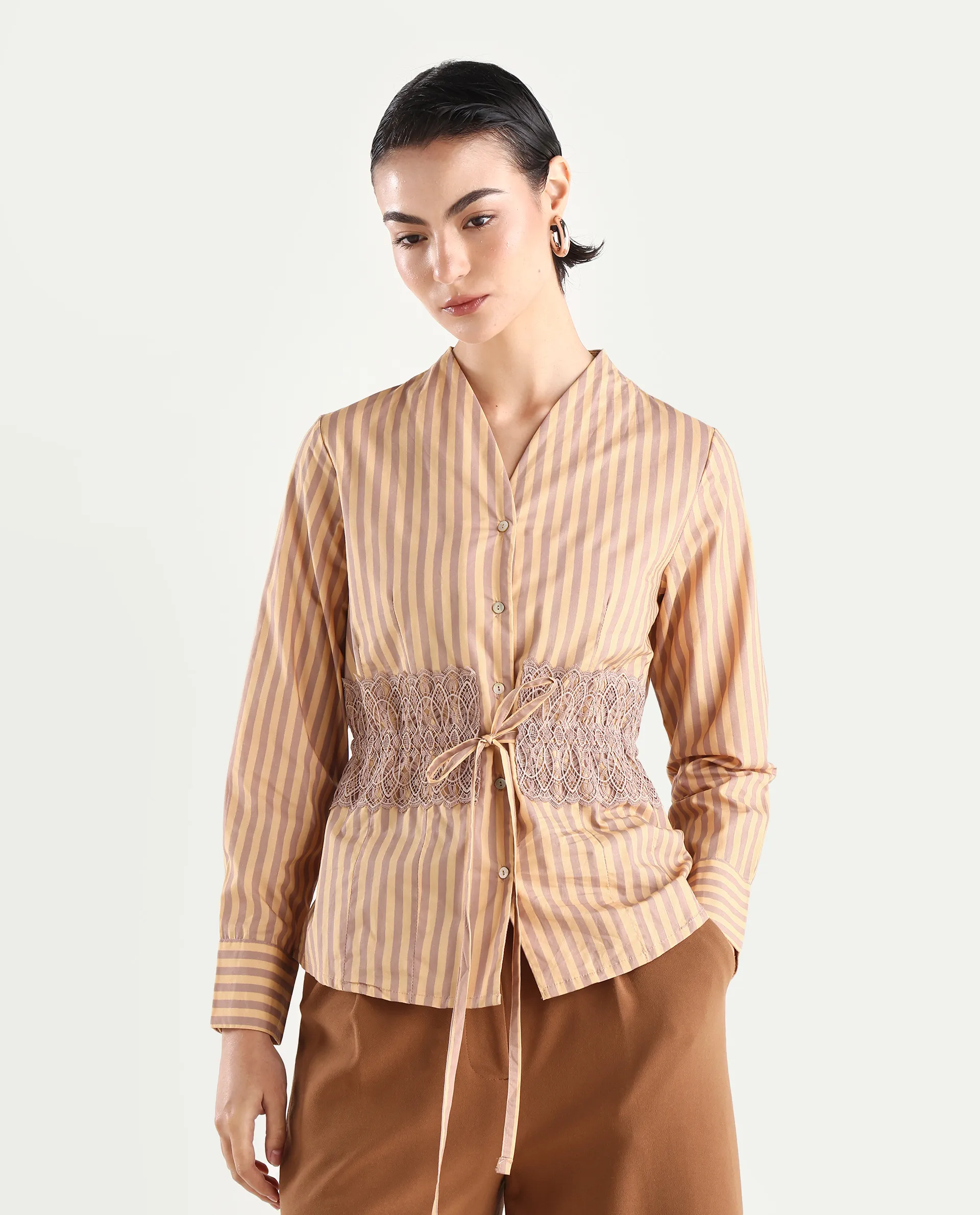 Rareism Women's Dooze Tan Cotton V-Neck Striped Cuffed Sleeve Regular Fit Top - Image 3