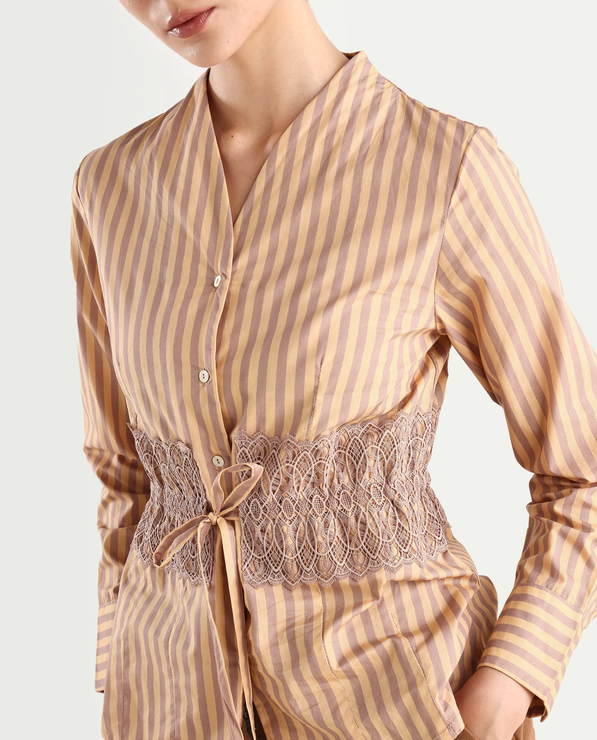 Rareism Women's Dooze Tan Cotton V-Neck Striped Cuffed Sleeve Regular Fit Top - Image 4