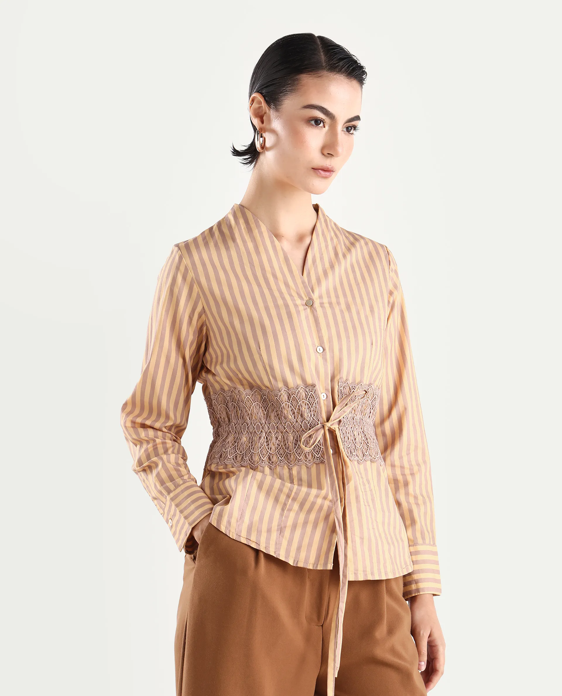 Rareism Women's Dooze Tan Cotton V-Neck Striped Cuffed Sleeve Regular Fit Top - Image 5